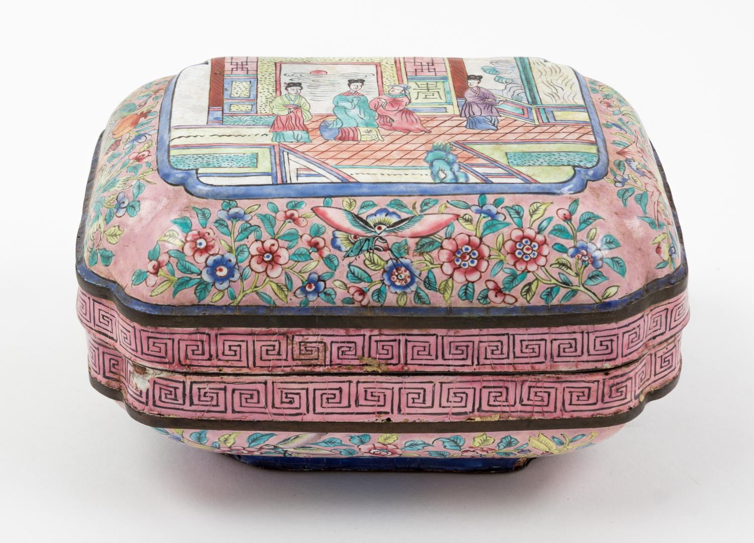 A Chinese Enameled Metal Box Height 4 x width 6 3/4 inches.