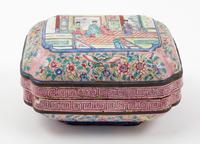 A Chinese Enameled Metal Box Height 4 x width 6 3/4 inches.