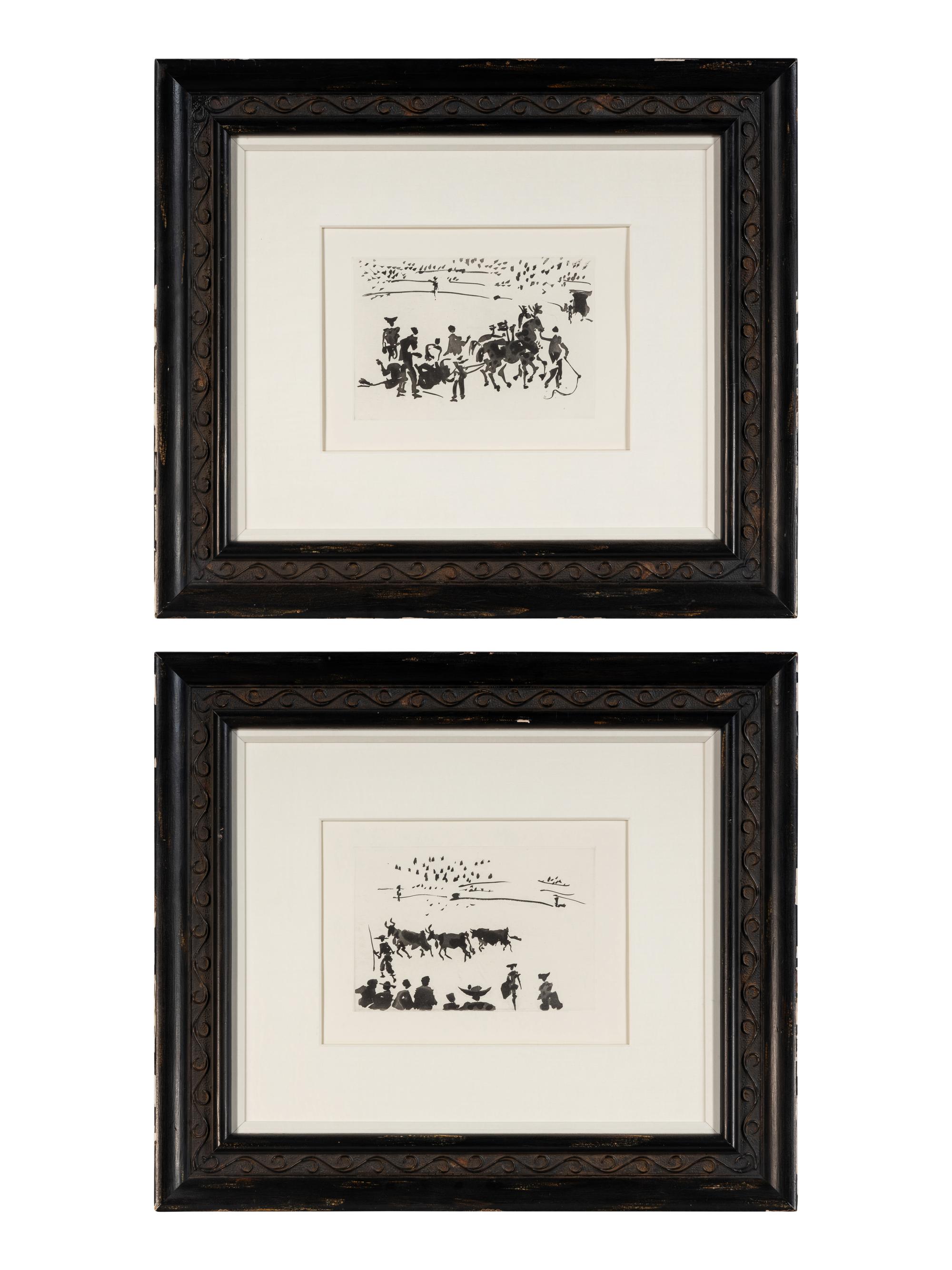 A pair of prints ( El Arrastre ; Los Cabestros retiran al Toro Manso ) from ' José Delgado: La Tauromaquia ', 1957