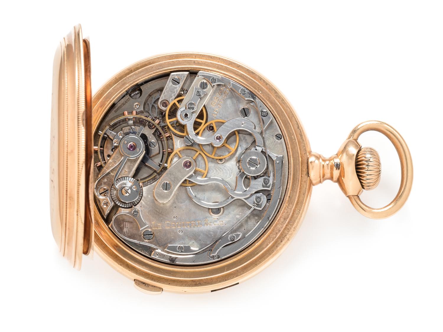 LECOULTRE, 18K YELLOW GOLD HUNTER CASE SPLIT SECOND CHRONOGRAPH POCKET WATCH