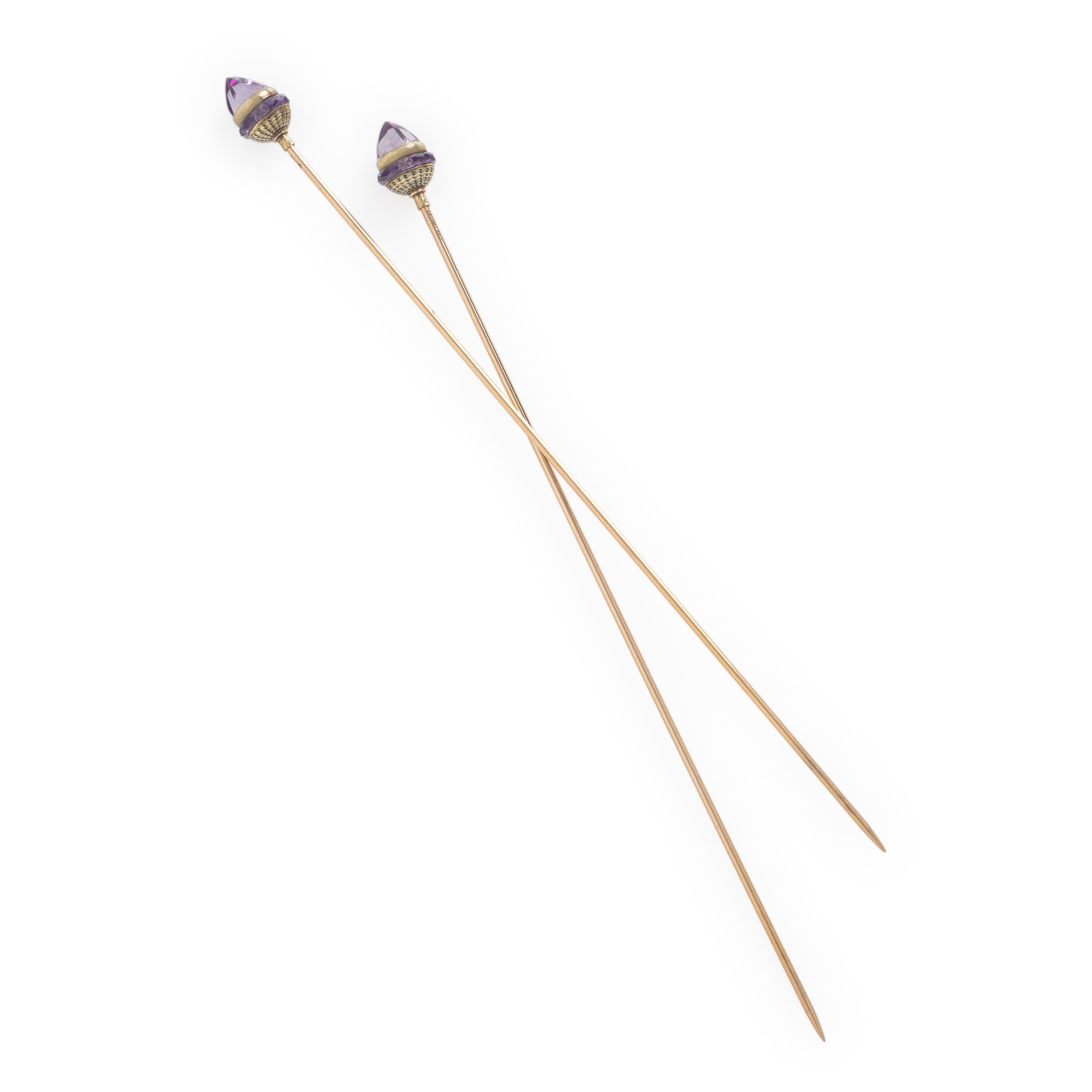 Tiffany & Co., A Pair of Amethyst and Yellow Gold Hat Pins
