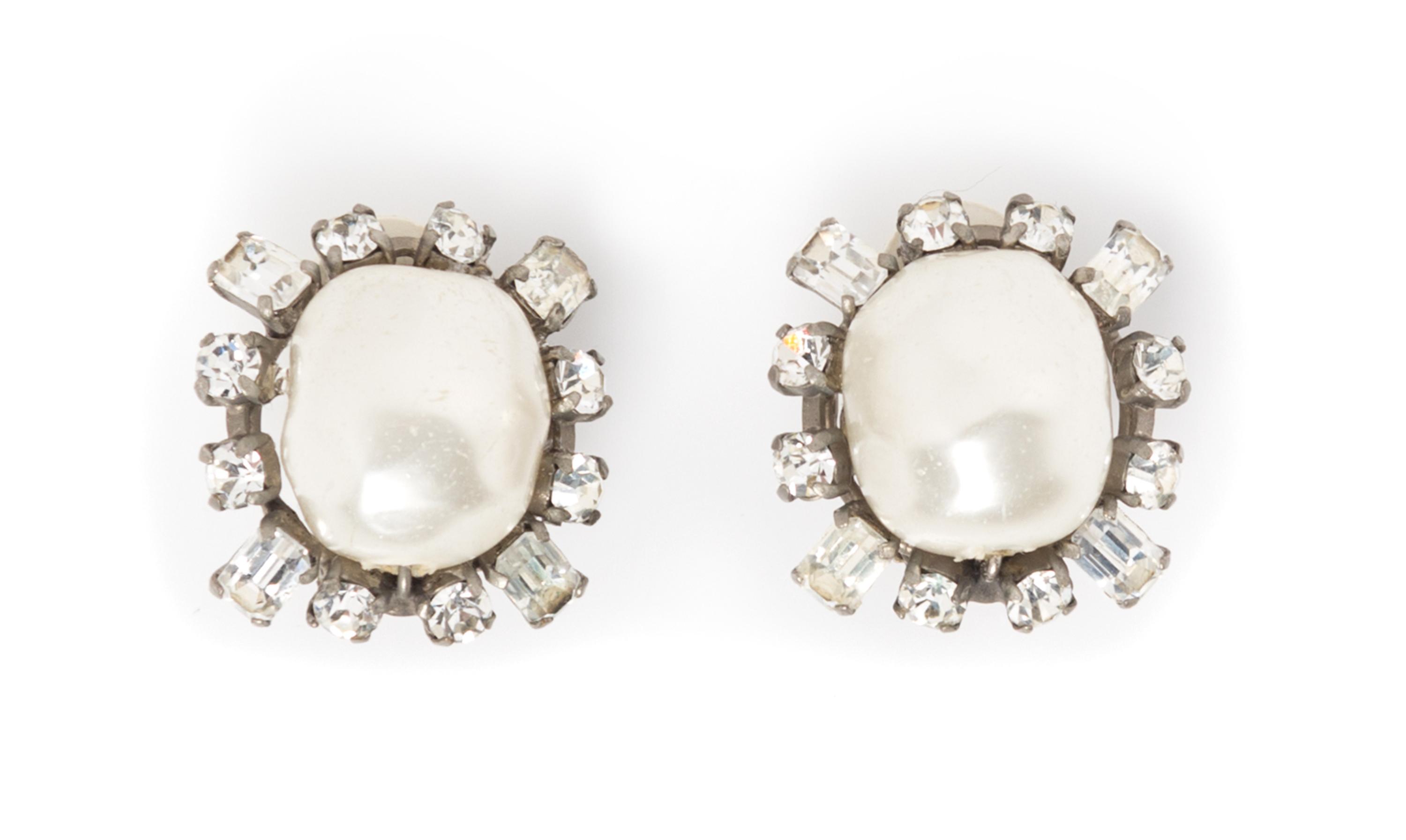 A Pair of Chanel Faux Pearl and Rhinestone Earclips, 1" x 1".