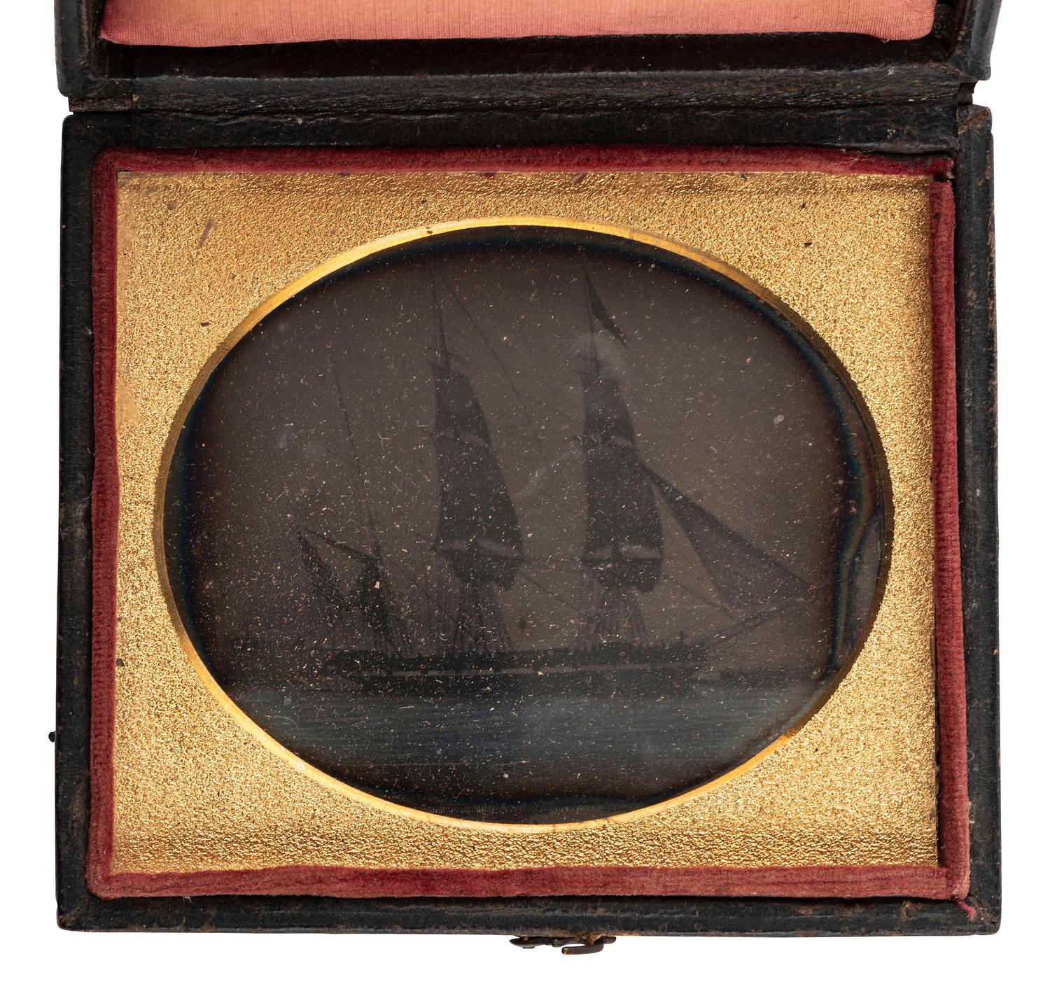 [EARLY PHOTOGRAPHY - GOLD MINING]. MOULTHROP, Major (d. 1889), photographer, attrib. Sixth plate daguerreotype of the Bark Anna Reynolds departing for California in March 1849.