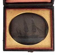 [EARLY PHOTOGRAPHY - GOLD MINING]. MOULTHROP, Major (d. 1889), photographer, attrib. Sixth plate daguerreotype of the Bark Anna Reynolds departing for California in March 1849.
