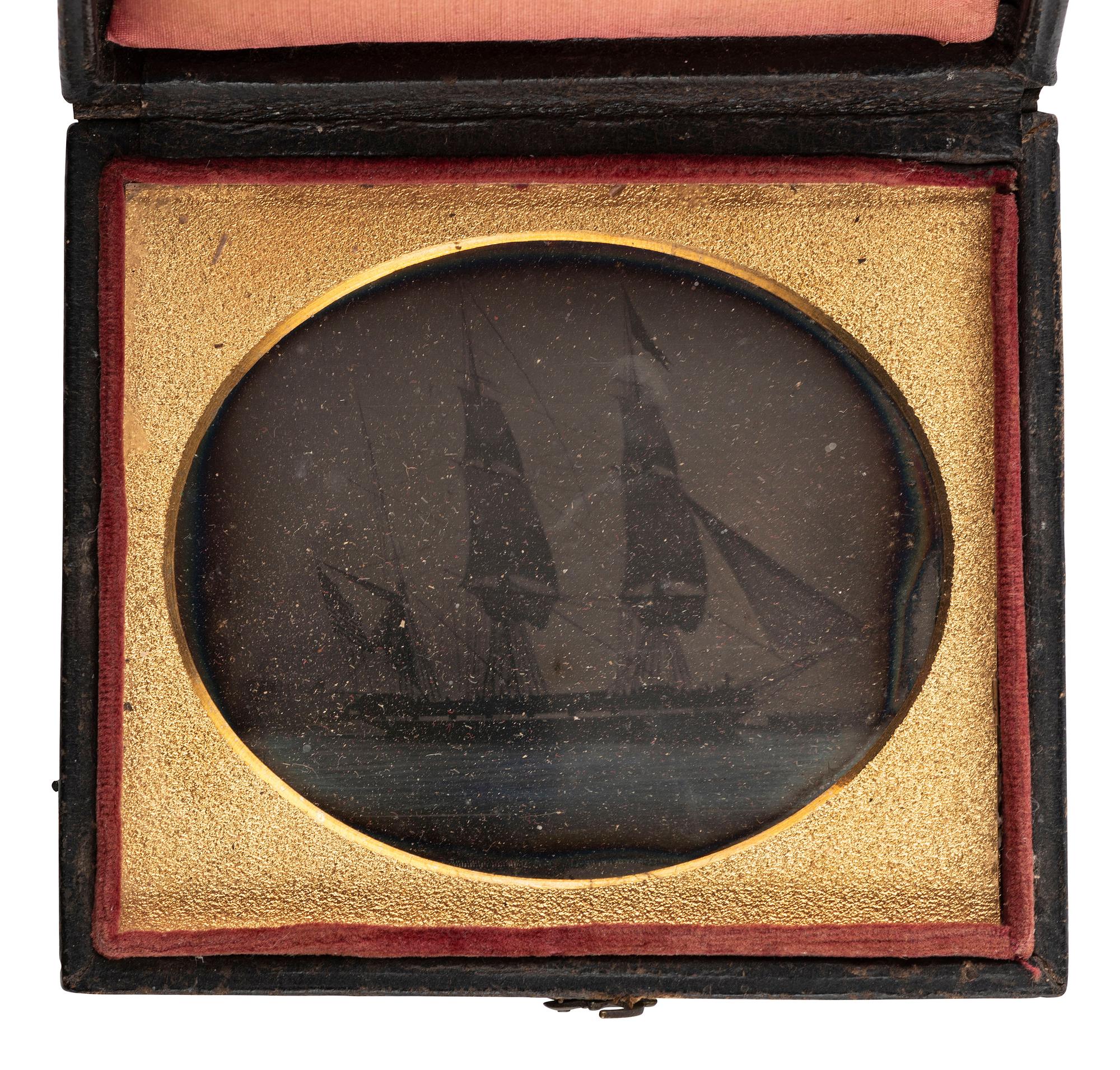 [EARLY PHOTOGRAPHY - GOLD MINING]. MOULTHROP, Major (d. 1889), photographer, attrib. Sixth plate daguerreotype of the Bark Anna Reynolds departing for California in March 1849.