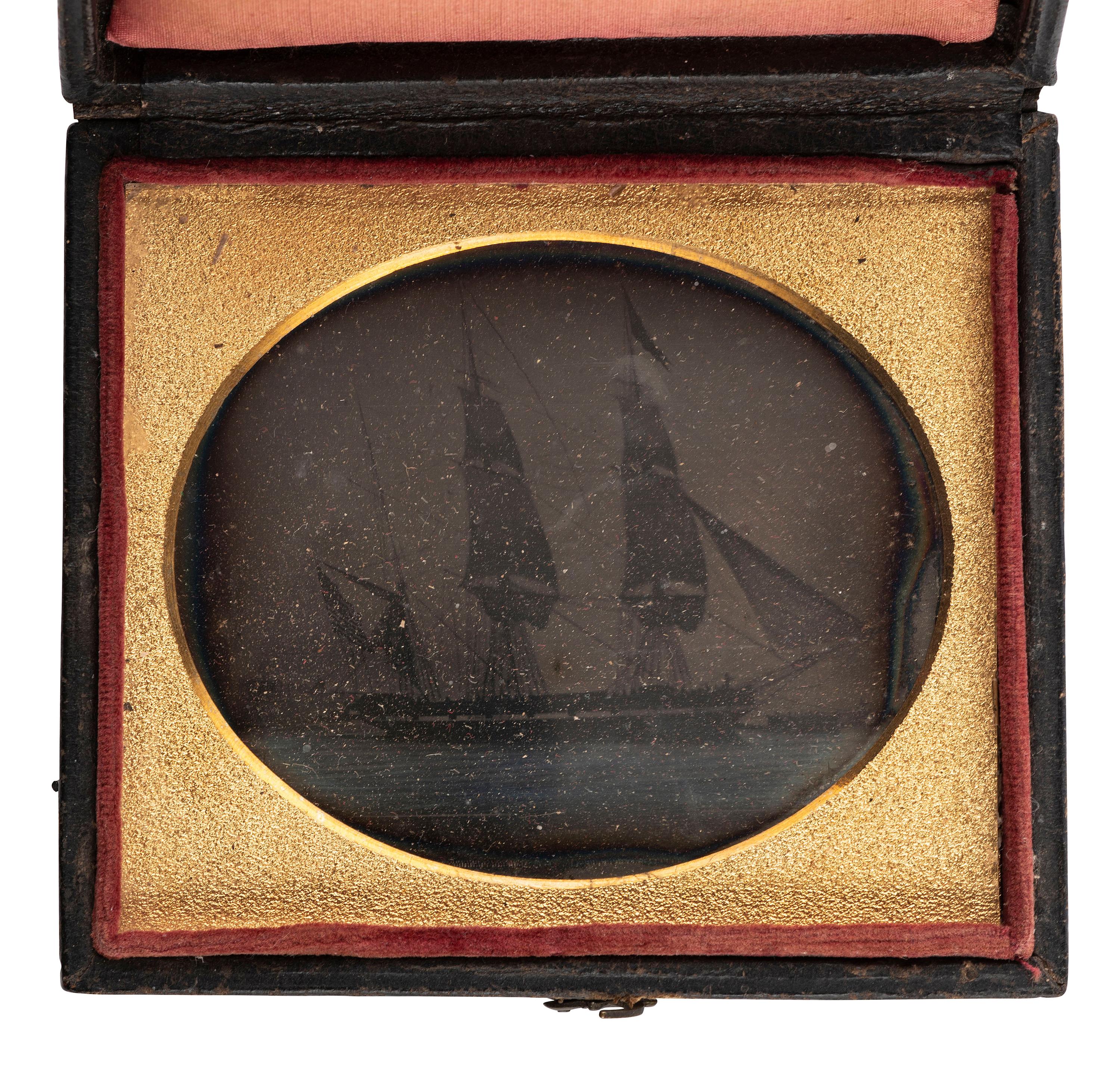 [EARLY PHOTOGRAPHY - GOLD MINING]. MOULTHROP, Major (d. 1889), photographer, attrib. Sixth plate daguerreotype of the Bark Anna Reynolds departing for California in March 1849.