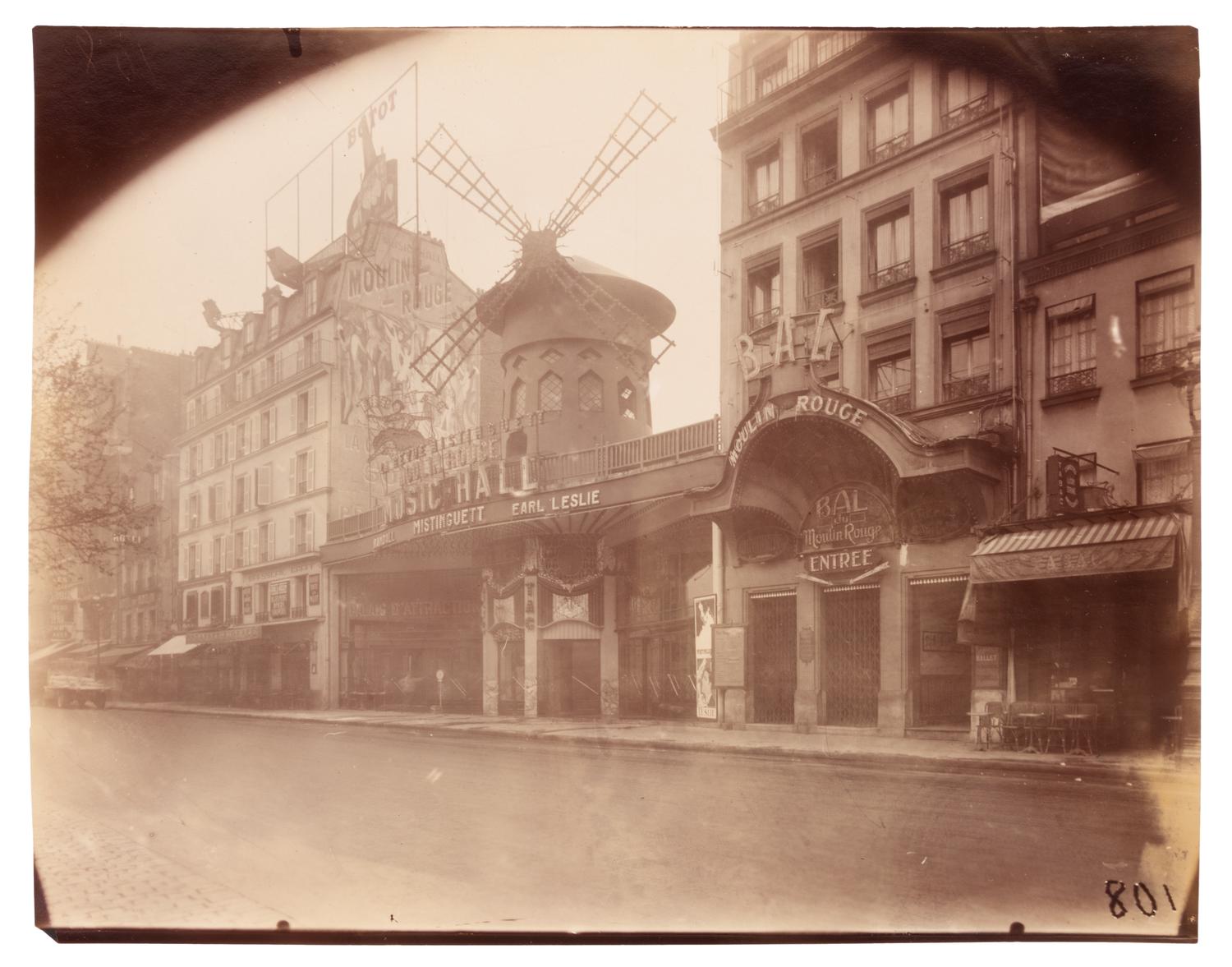 A group of four photographs depicting Paris ( Moulin Rouge [86 boulevard de Clichy] ; Passage Moret, ruelle des Gobelins ; Rue des Prêtres Saint-Séverin, au fond rue Boutebrie; Rue des Gobelins)
