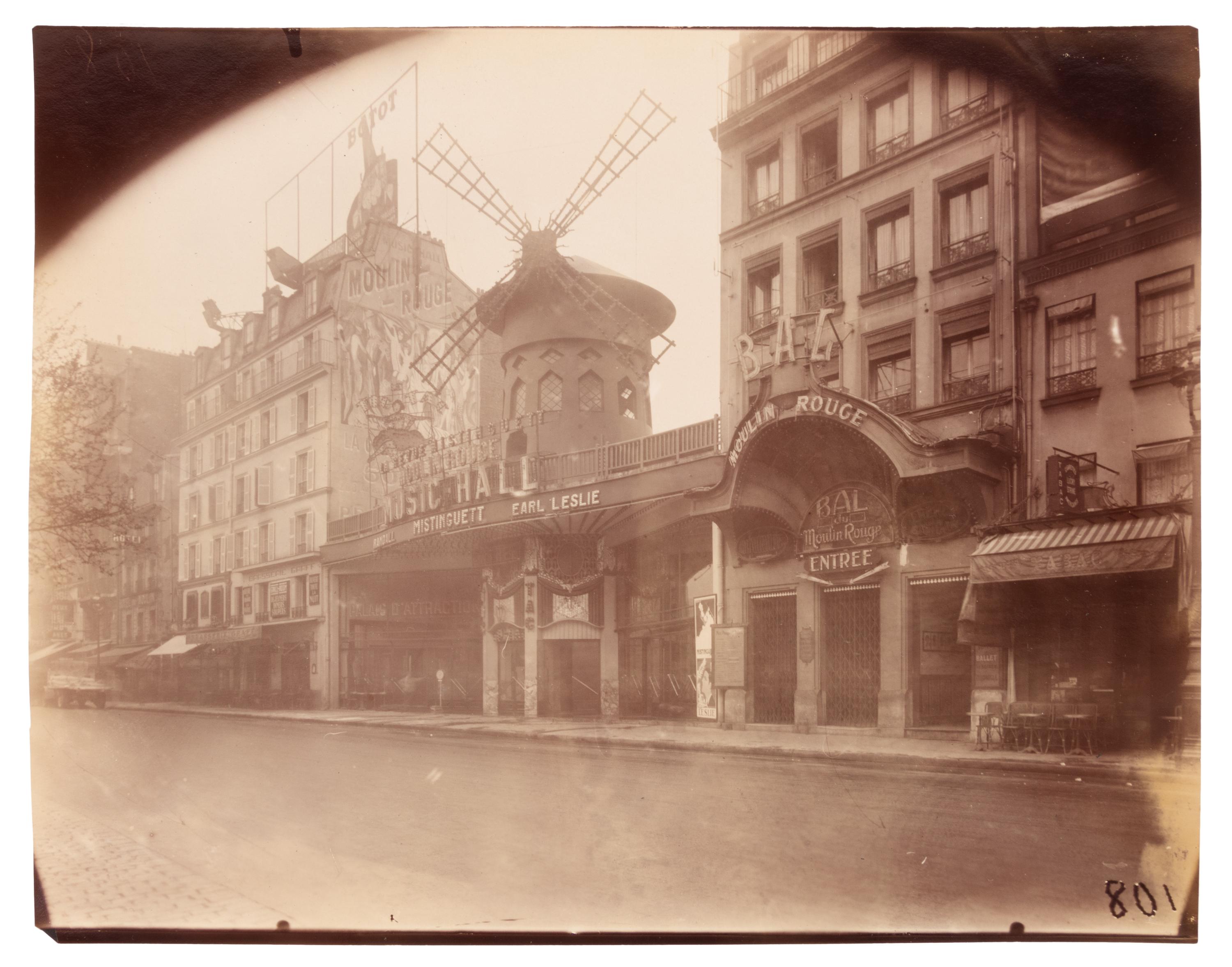 A group of four photographs depicting Paris ( Moulin Rouge [86 boulevard de Clichy] ; Passage Moret, ruelle des Gobelins ; Rue des Prêtres Saint-Séverin, au fond rue Boutebrie; Rue des Gobelins)