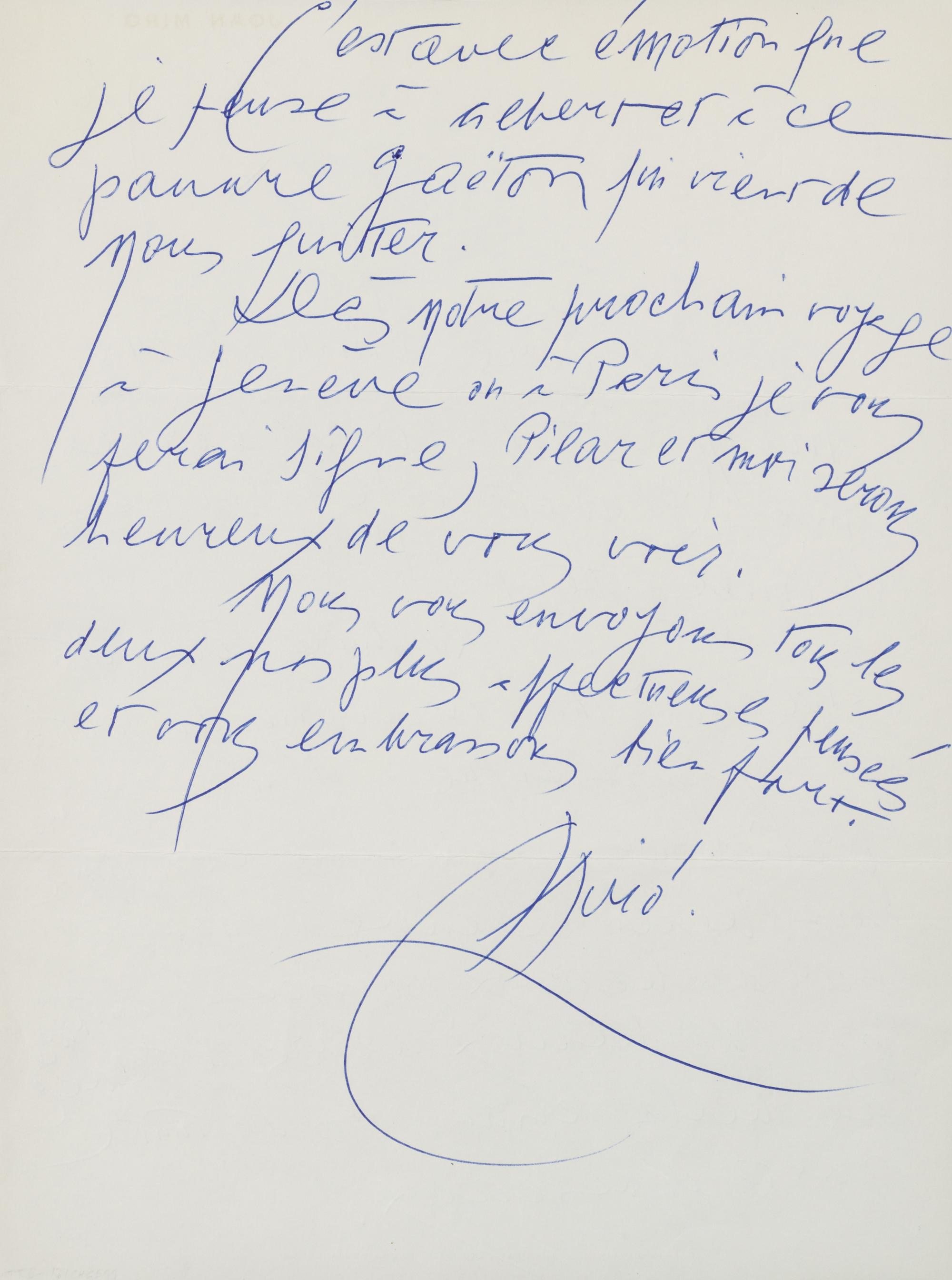 MIRO, Joan (1893-1983). Autograph letter signed ("Miro"), to publisher Rosabianca Skira. Geneva, 30 October 1976.