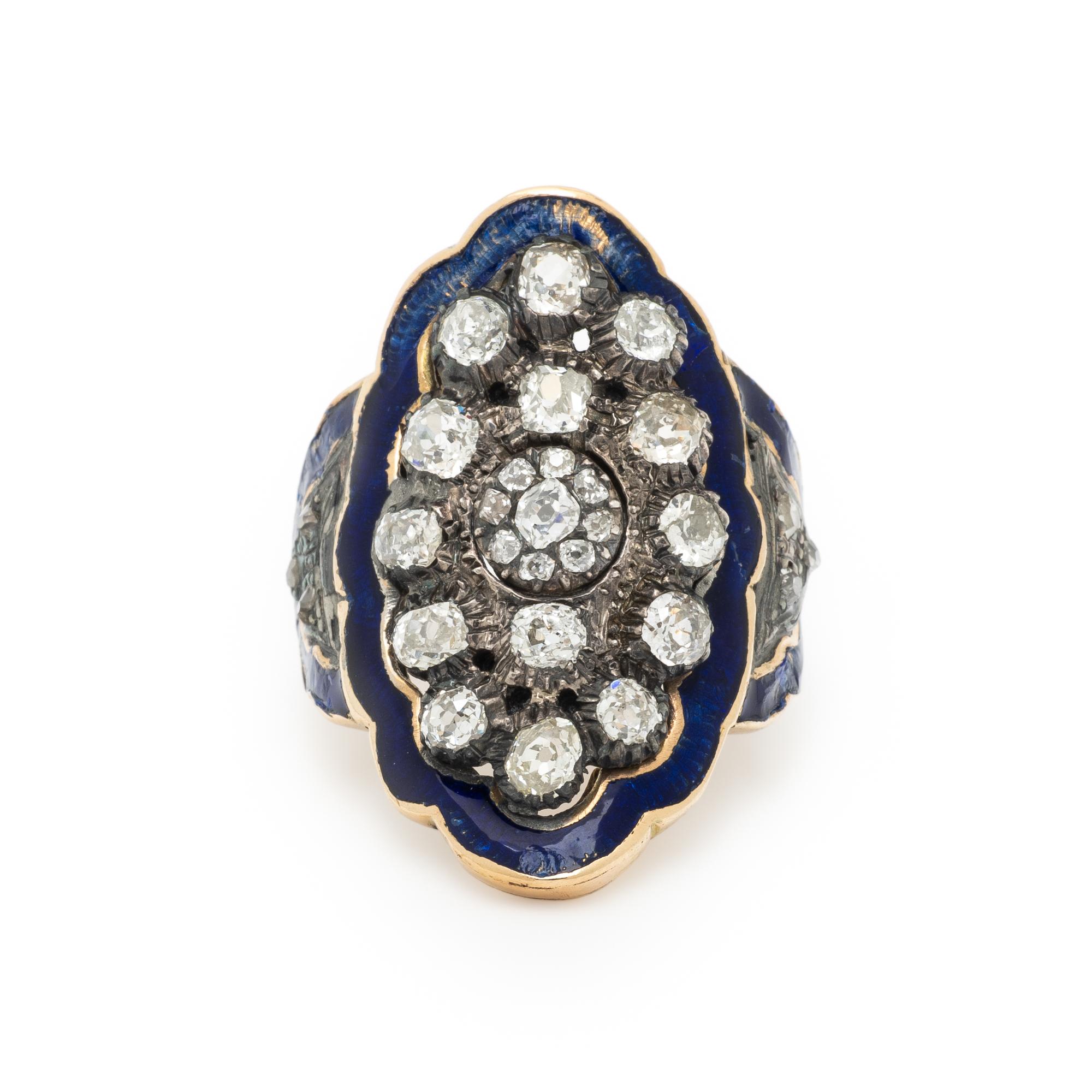 ANTIQUE, DIAMOND, ENAMEL, AND YELLOW GOLD RING