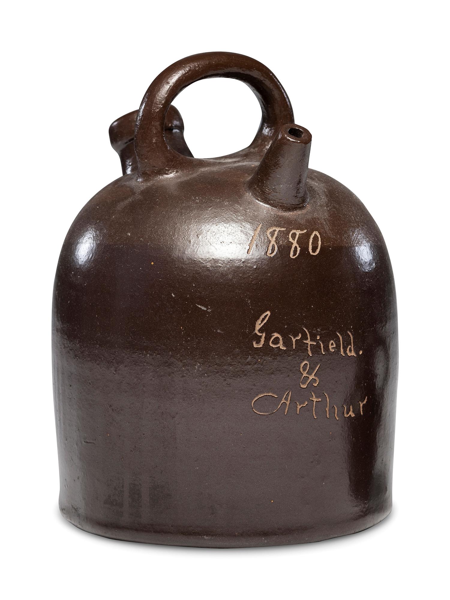 A 'Garfield and Arthur' Presidential Campaign Albany Slip-Glazed Harvest or Field Jug