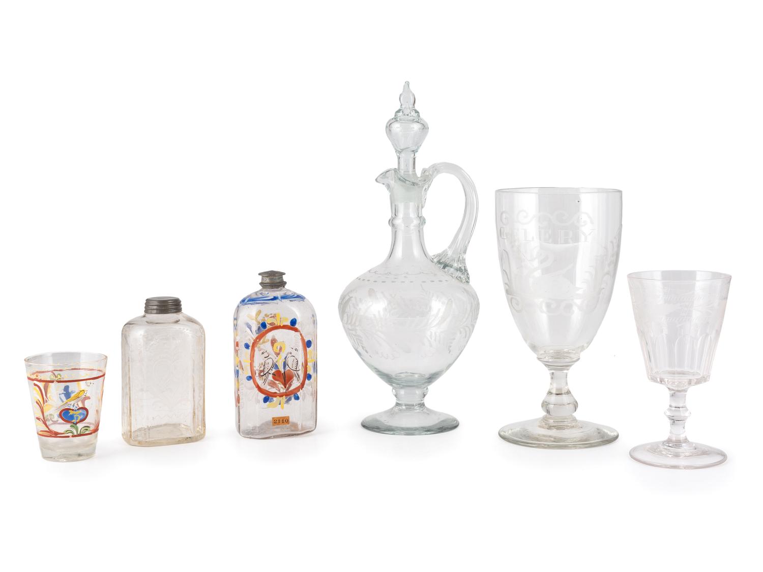 A Blown and Etched Glass Decanter, Goblet, and Jar