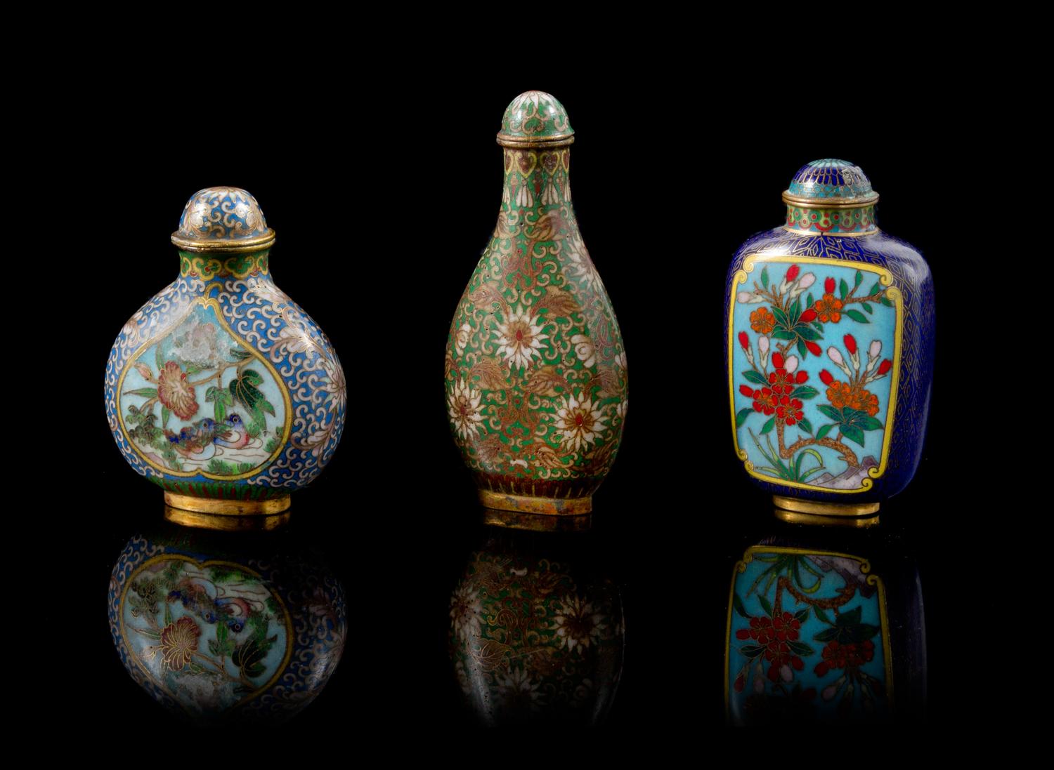 Three Cloisonne Enamel Snuff Bottles Height of tallest 3 1/2 inches. — 20TH CENTURY