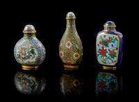 Three Cloisonne Enamel Snuff Bottles Height of tallest 3 1/2 inches. — 20TH CENTURY