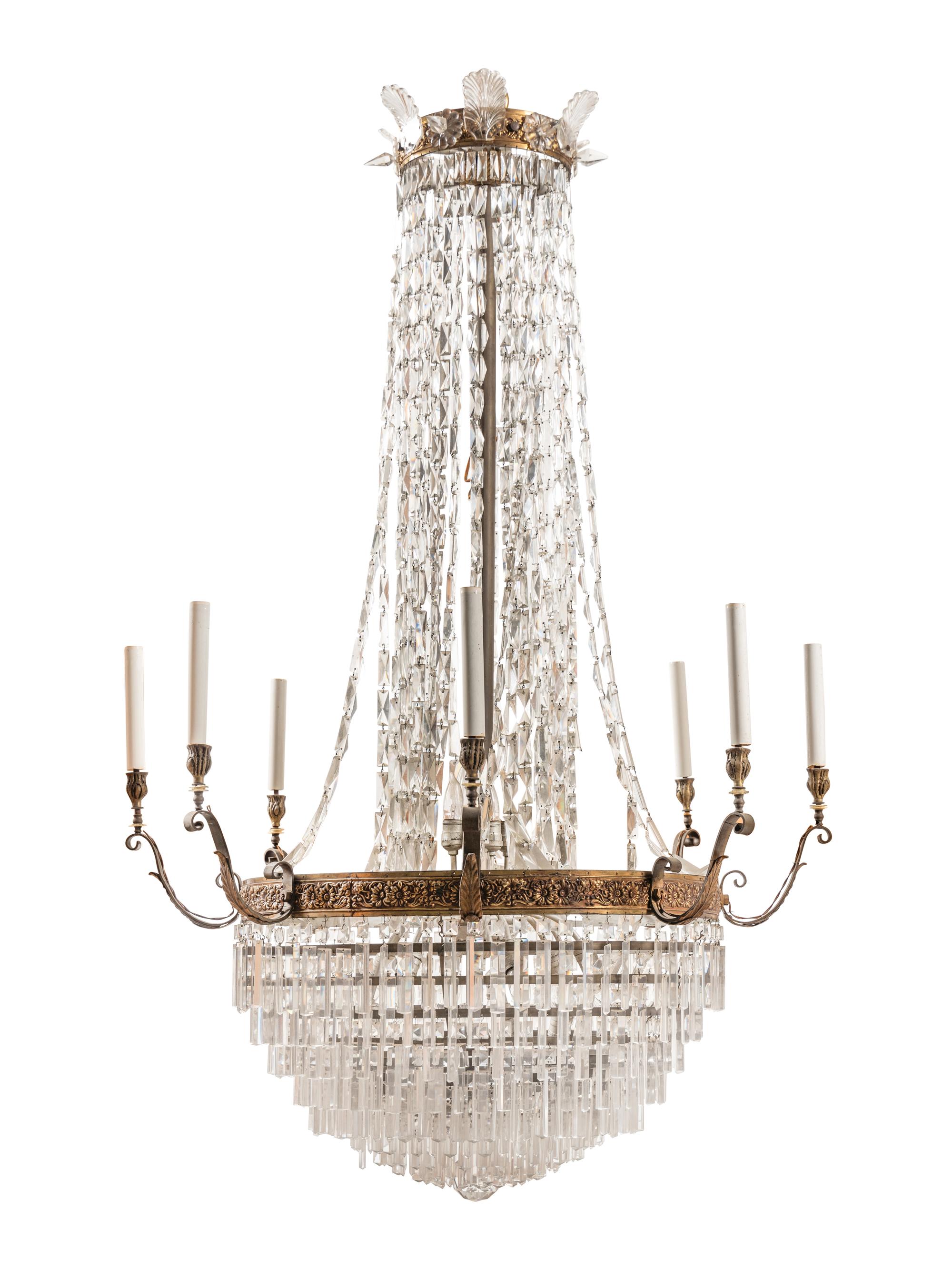 Two Large Gilt Metal and Cut Glass Chandeliers from the Embassy of Italy, Washington, D.C.