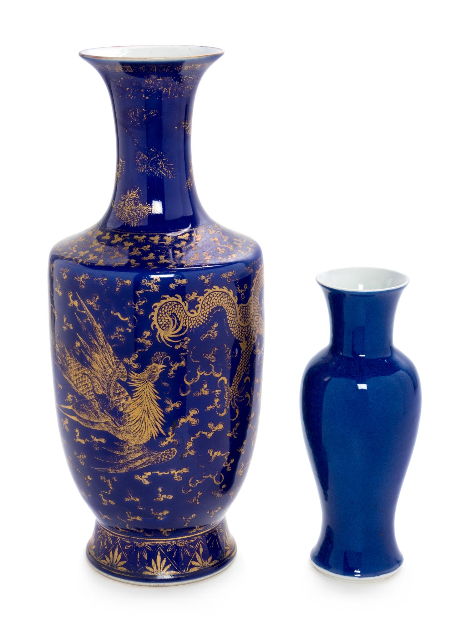 Two Blue Glazed Porcelain Vases Height of taller 17 1/2 inches. — 19TH CENTURY