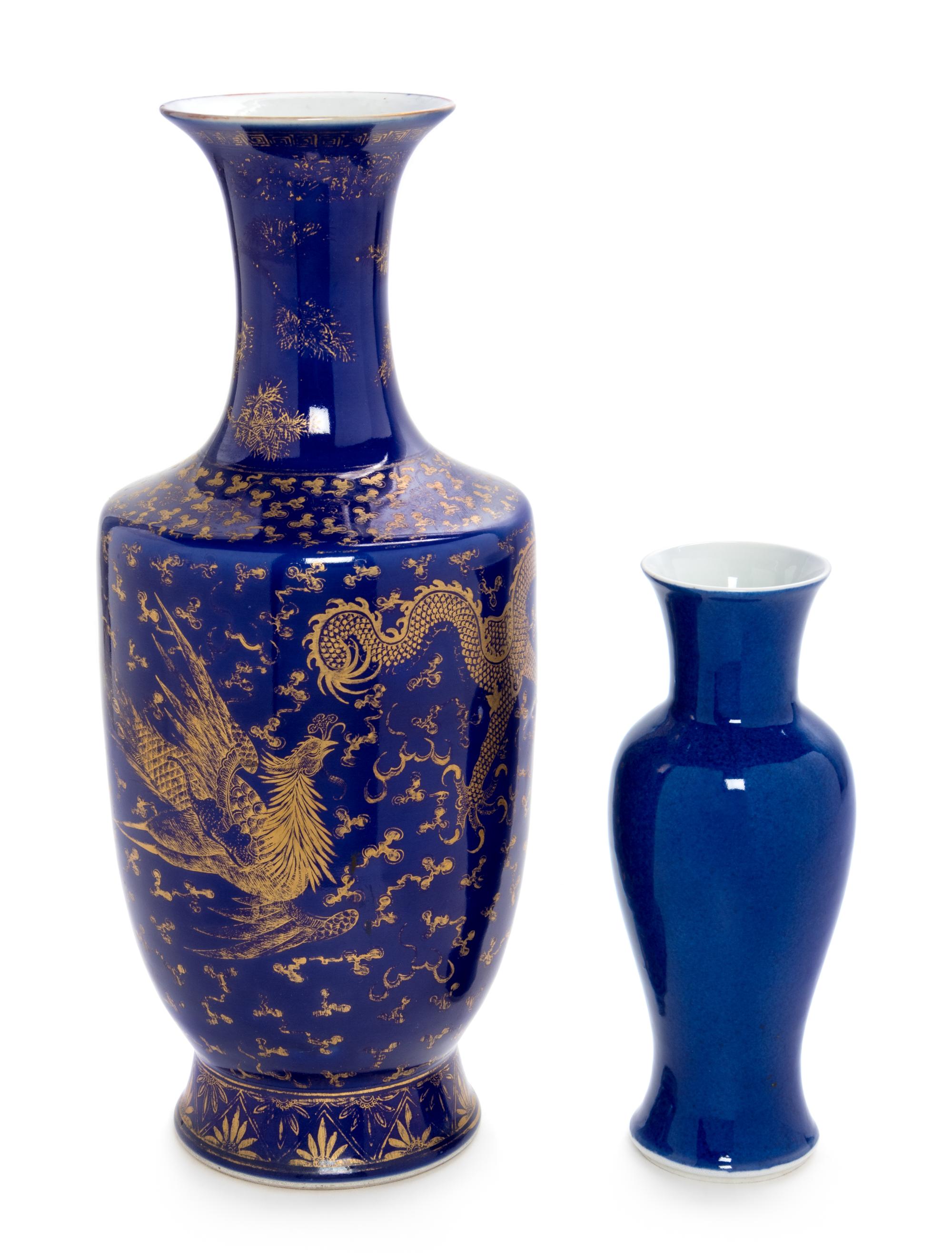 Two Blue Glazed Porcelain Vases Height of taller 17 1/2 inches. — 19TH CENTURY