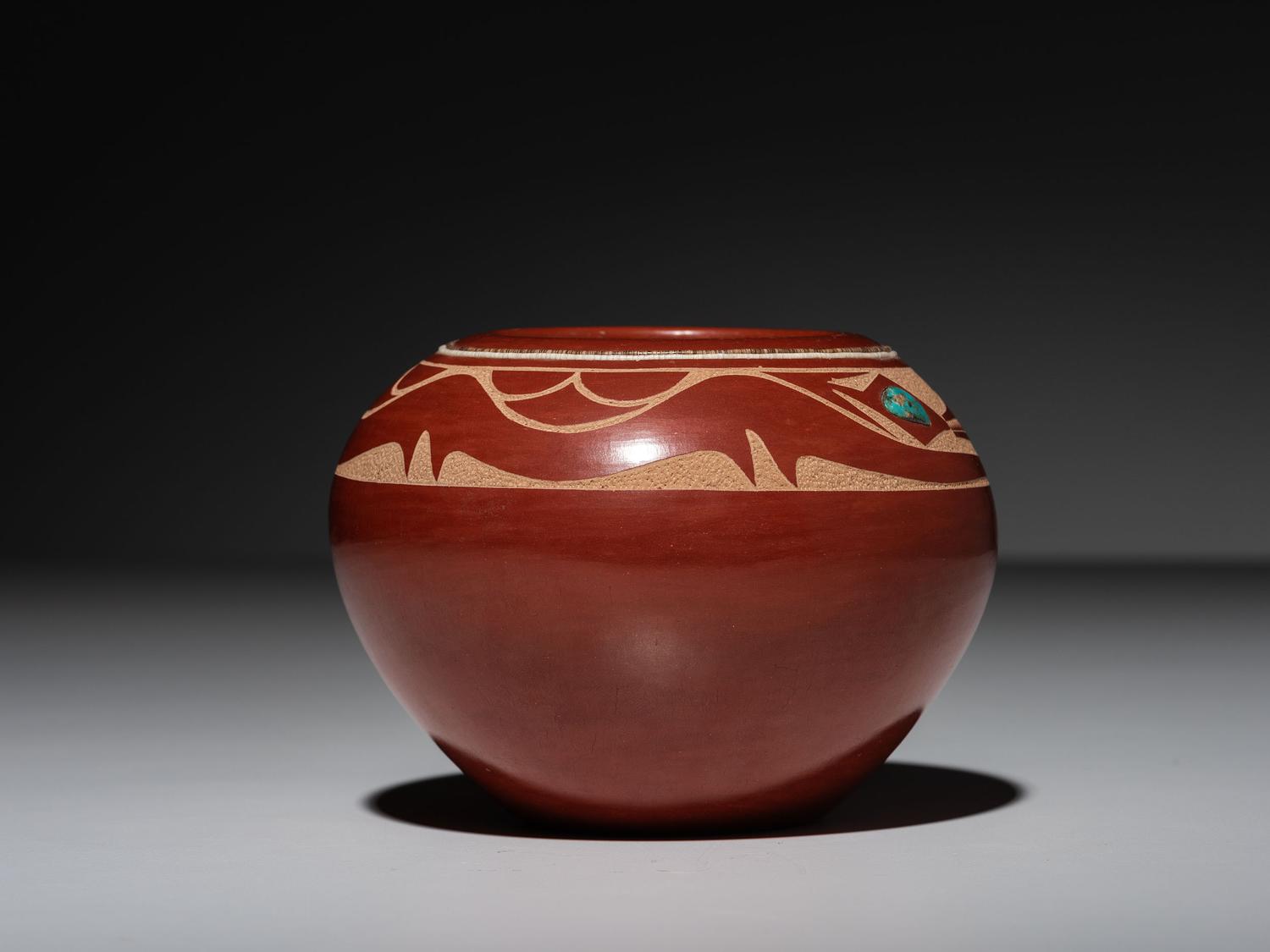 Redware Pottery Jar, with Turquoise and Heishi