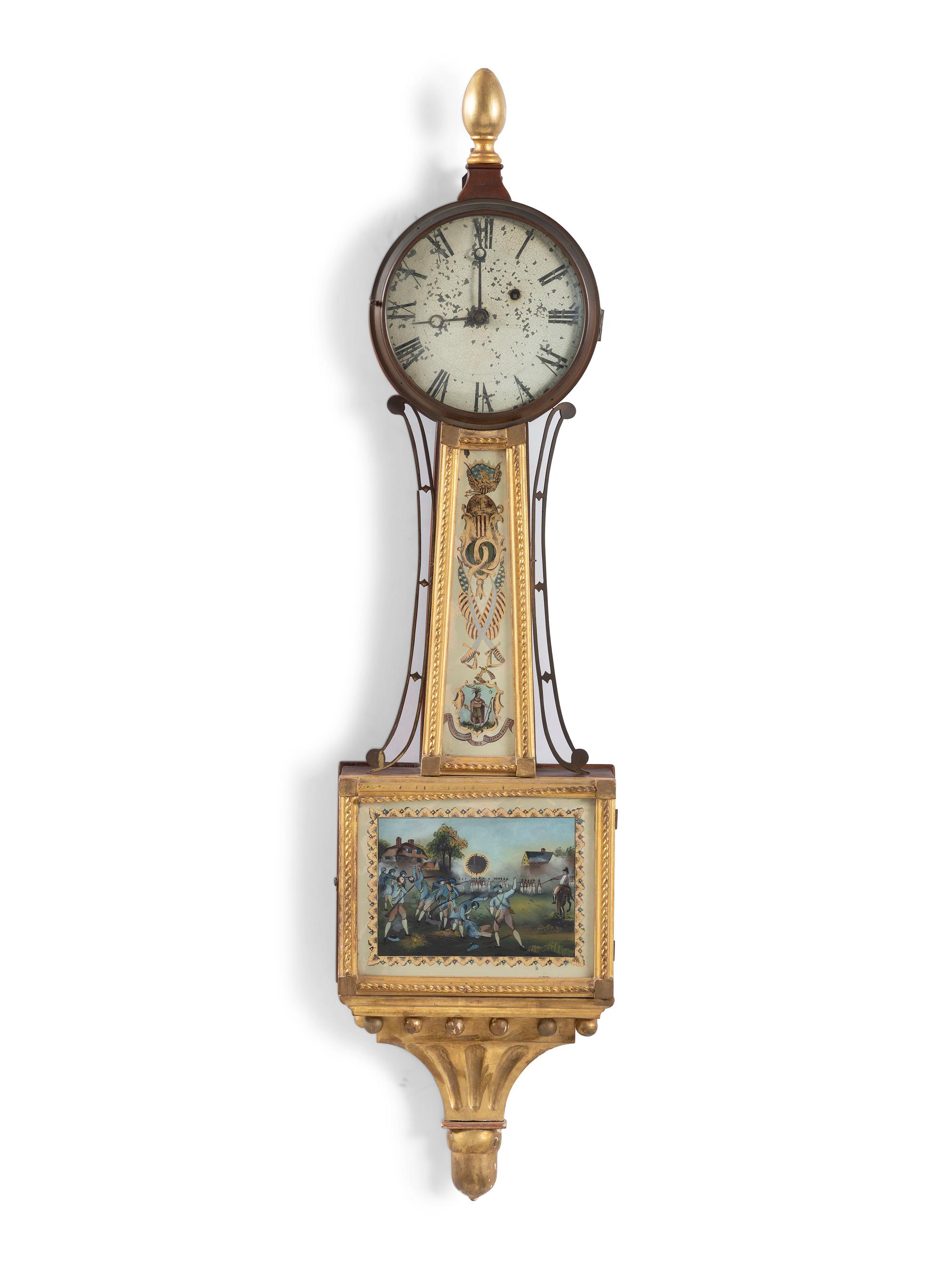 A Scarce Federal 'Battle of Lexington' Parcel Gilt Mahogany Banjo Clock