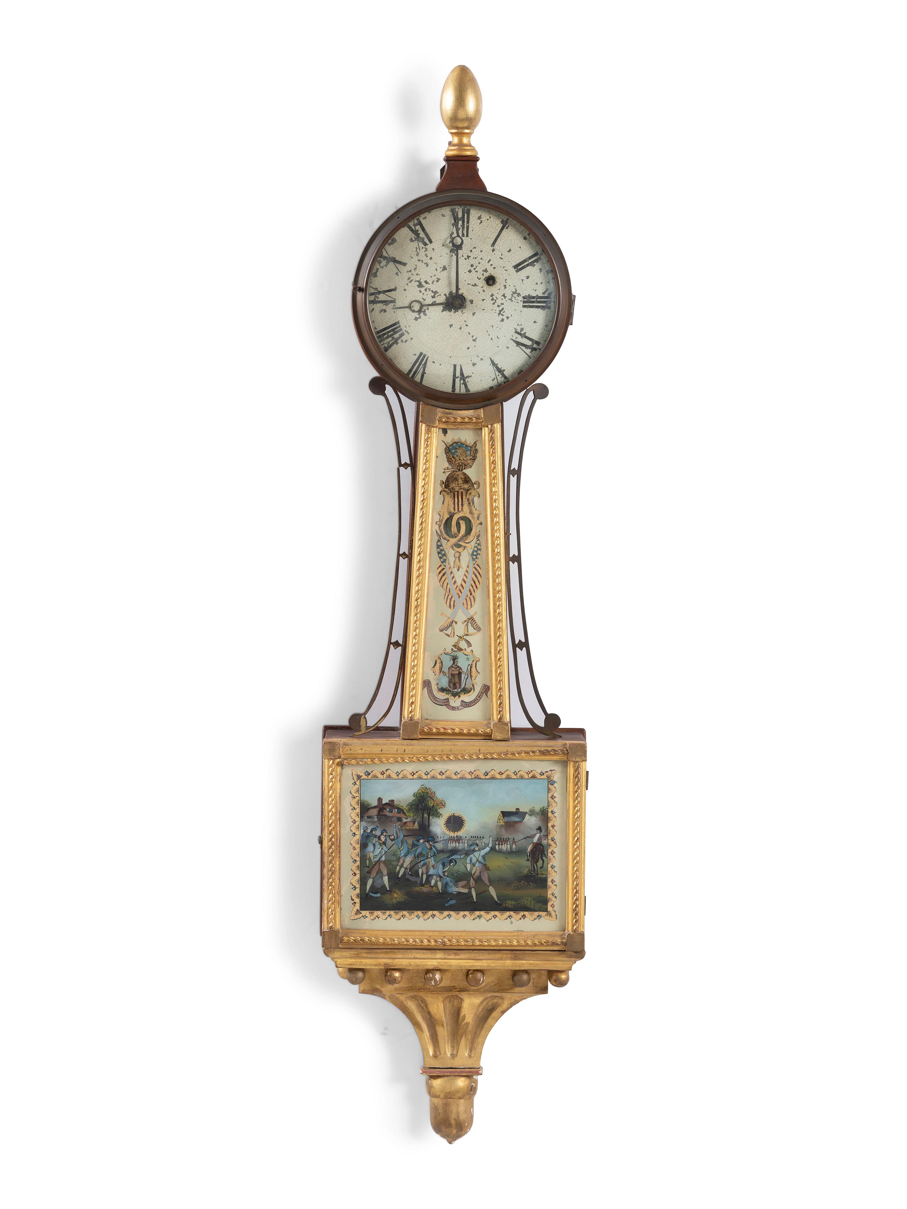 A Scarce Federal 'Battle of Lexington' Parcel Gilt Mahogany Banjo Clock