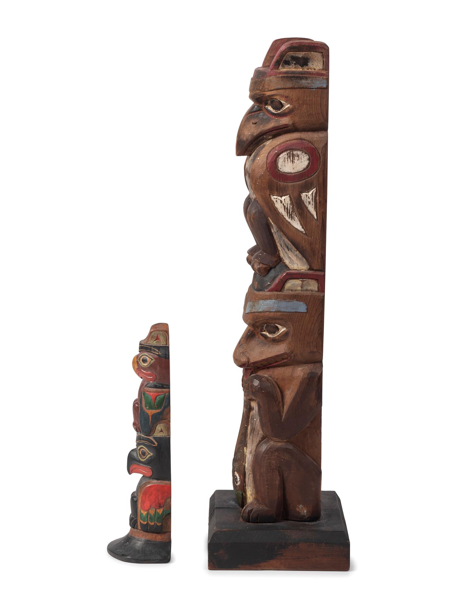 Northwest Coast Carved and Painted Totem Poles, one from Sitka