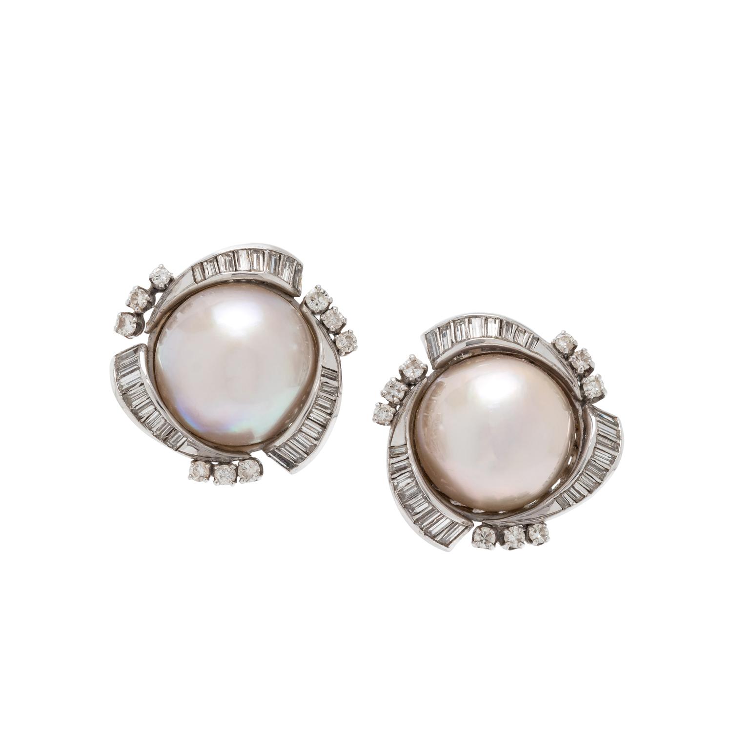 VINTAGE, CULTURED MABE PEARL AND DIAMOND EARCLIPS
