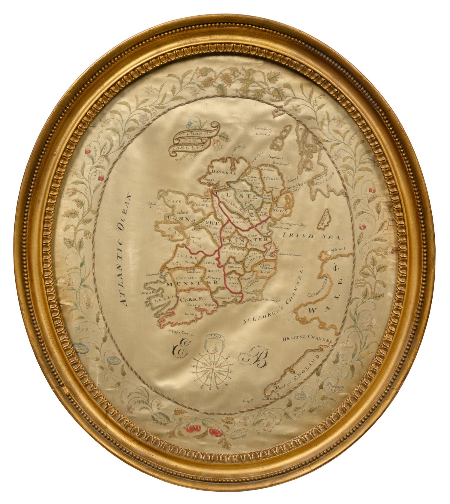 An Irish Embroidered and Chenille Decorated Map of Ireland on Silk