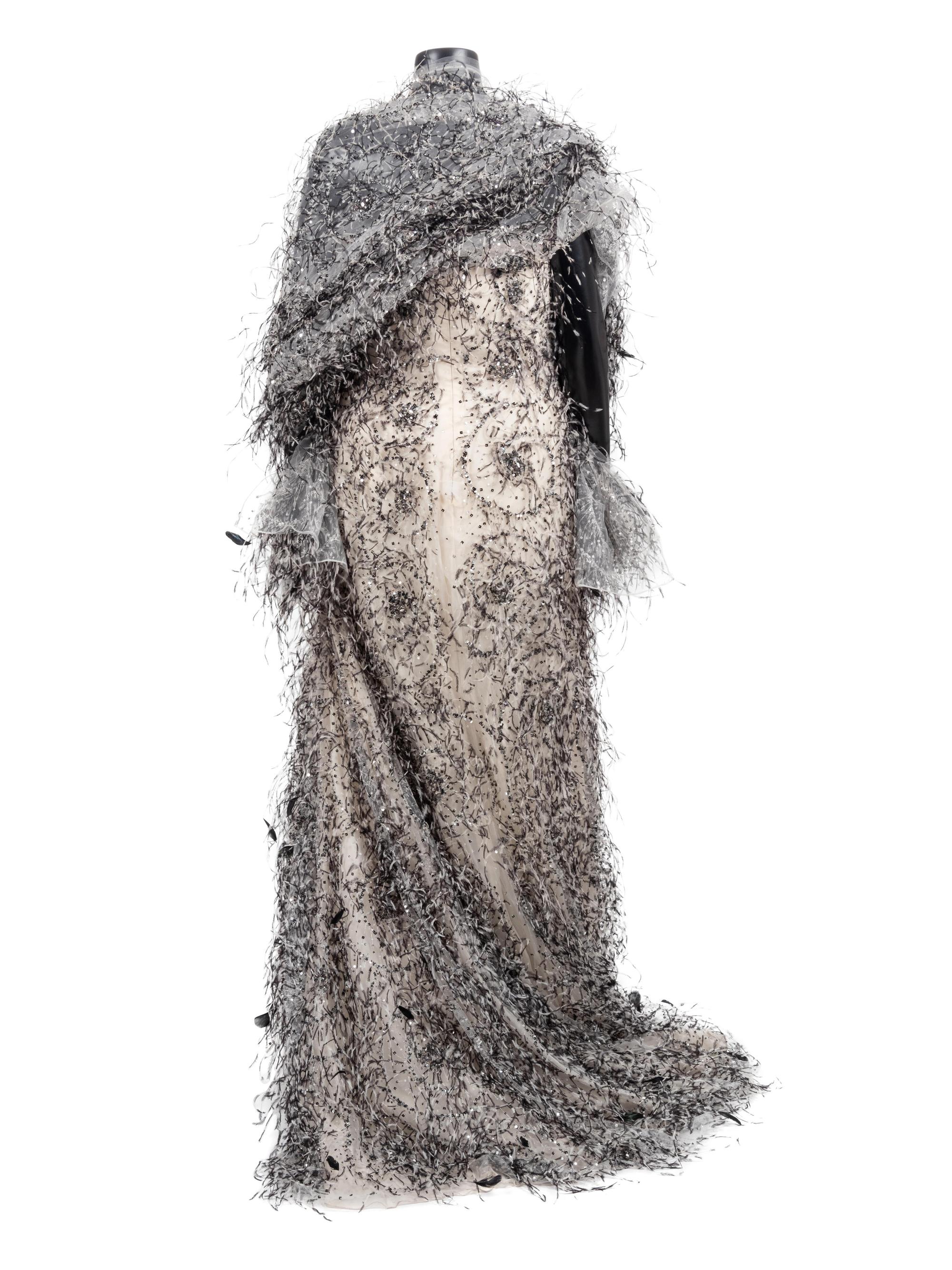 Bill Blass Ostrich Feather Evening Dress with Wrap, From the Ebony Fashion Fair, 1990-2000s