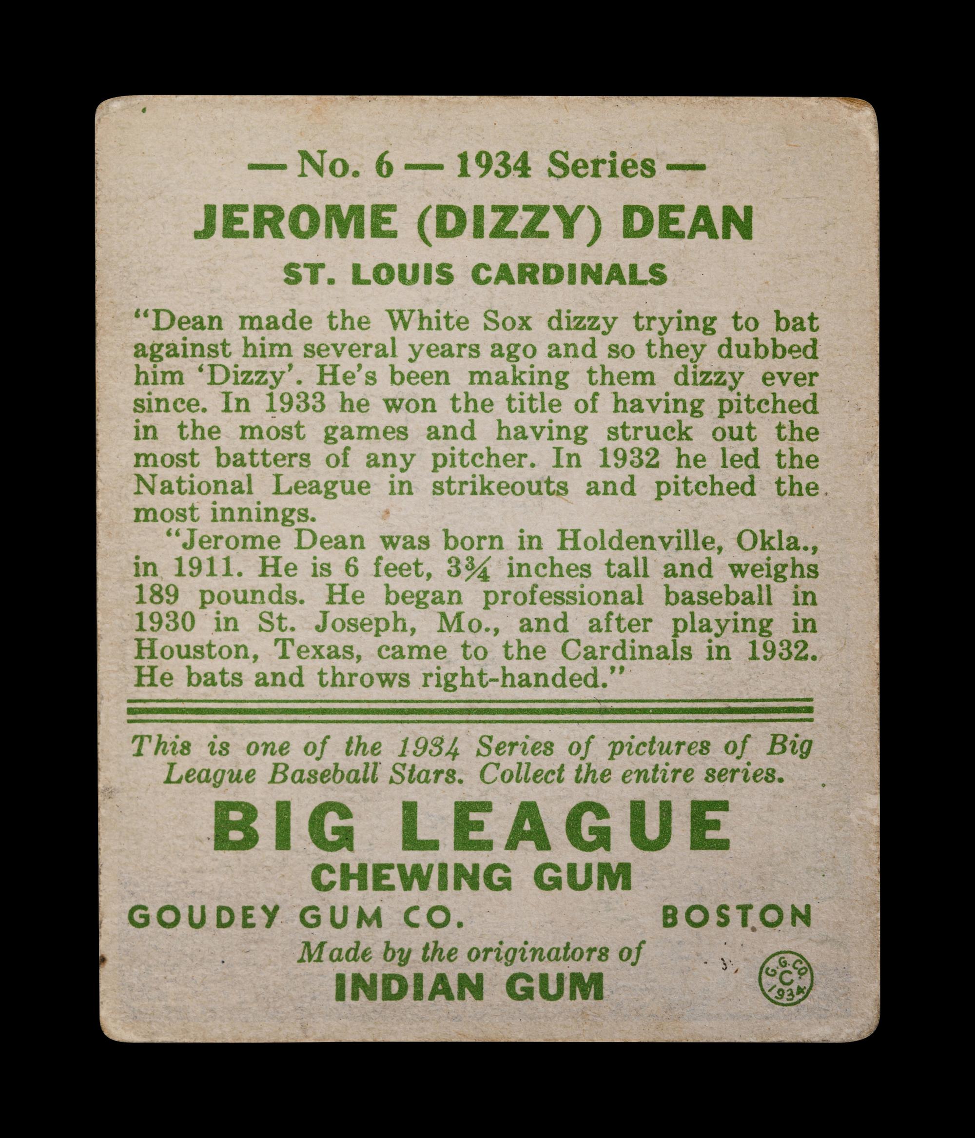 A 1934 Goudey Jerome Dizzy Dean No. 6 Baseball Card,