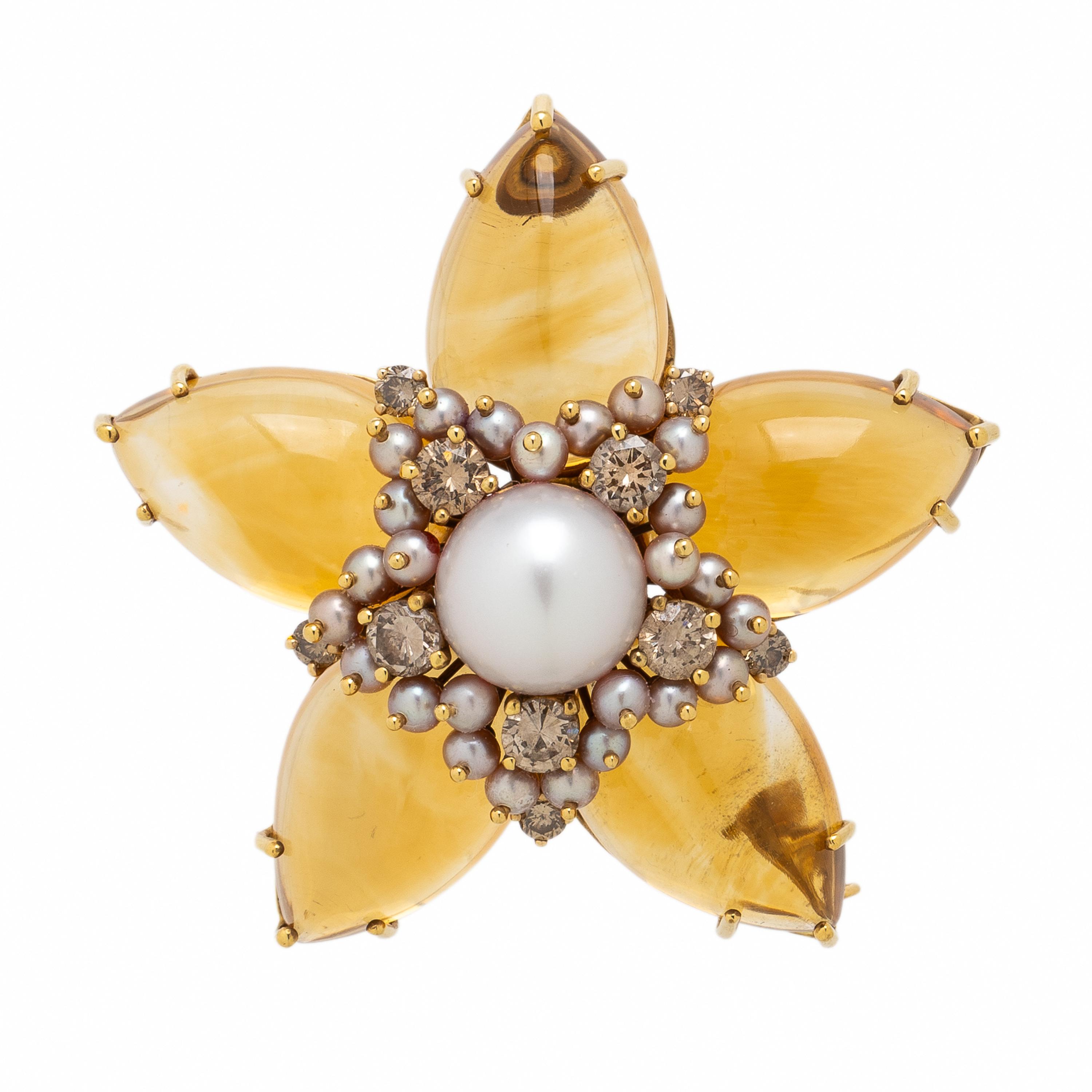 Mish, Citrine, Colored Diamond, and Cultured Pearl Star Brooch