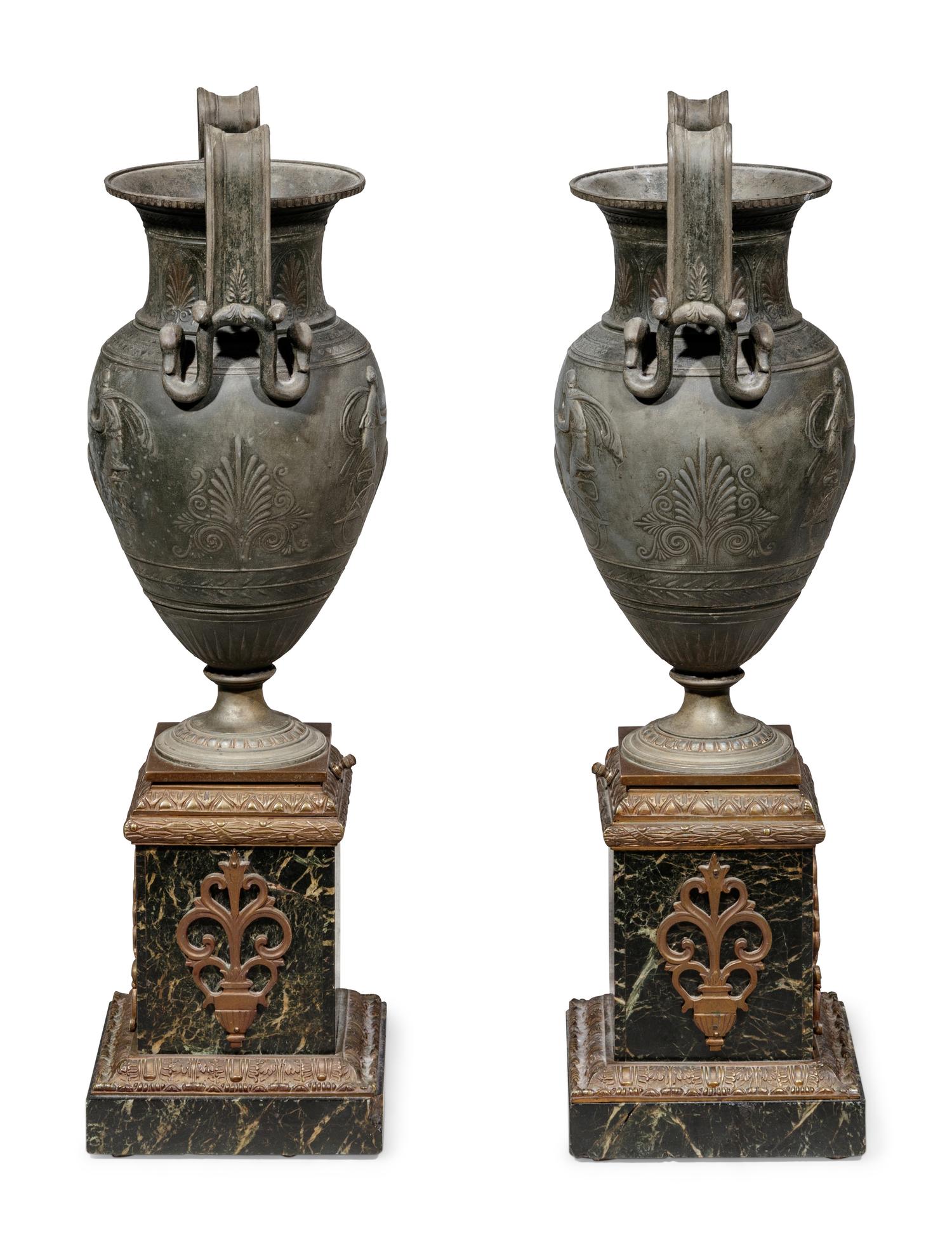 A Pair of Empire Style Patinated Metal and Marble Urns