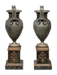 A Pair of Empire Style Patinated Metal and Marble Urns