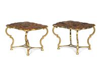 A Pair of Cartouche-Form Wrought Iron Side Tables with Simulated Tortoise Tops