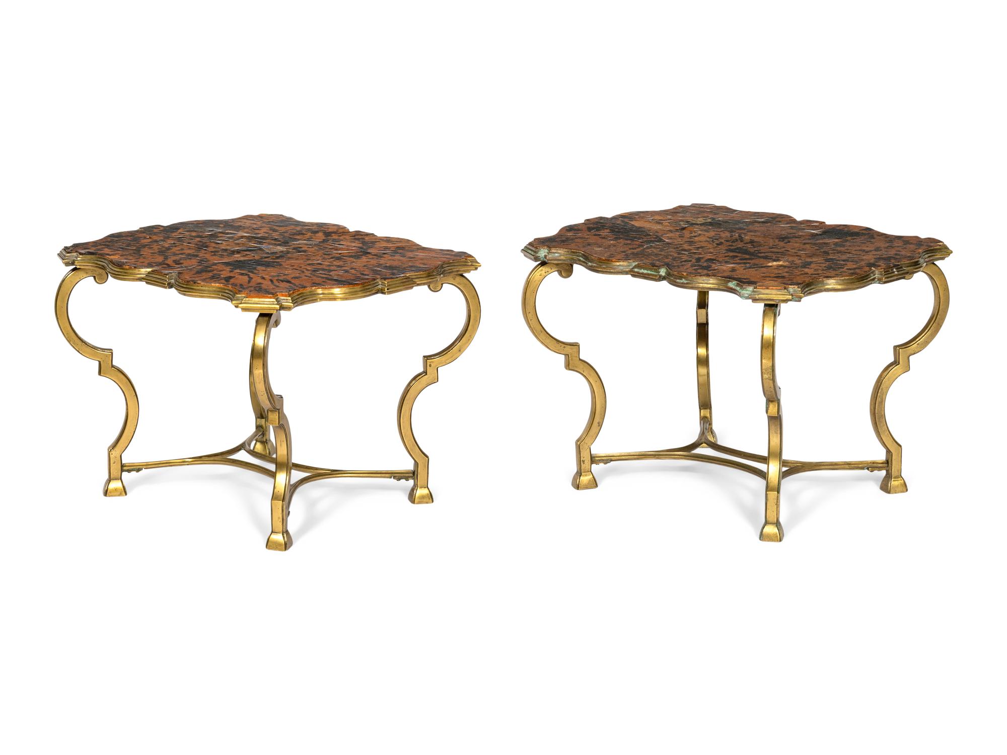 A Pair of Cartouche-Form Wrought Iron Side Tables with Simulated Tortoise Tops