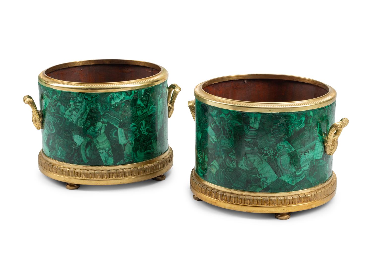 A Pair of Continental Gilt Bronze and Malachite Jardinières