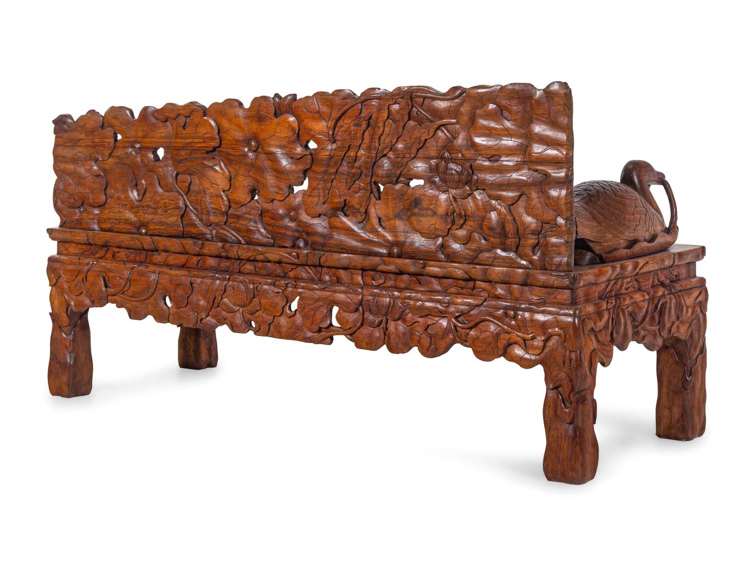 A Pair of Chinese Export Carved Hardwood Benches