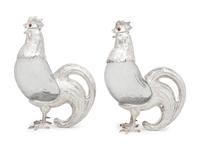 A Pair of Silver-Plate and Glass Cockerel Decanters