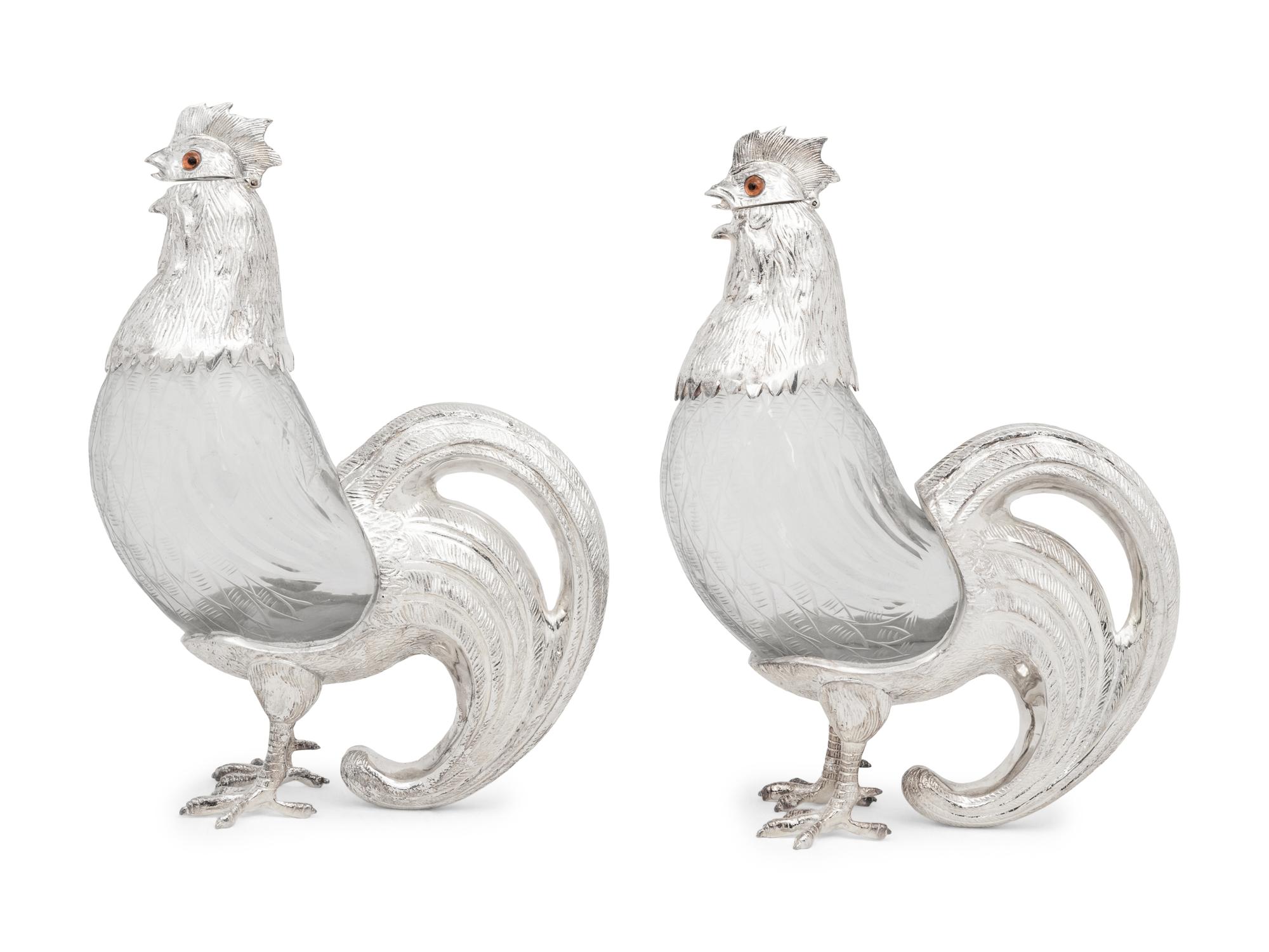 A Pair of Silver-Plate and Glass Cockerel Decanters