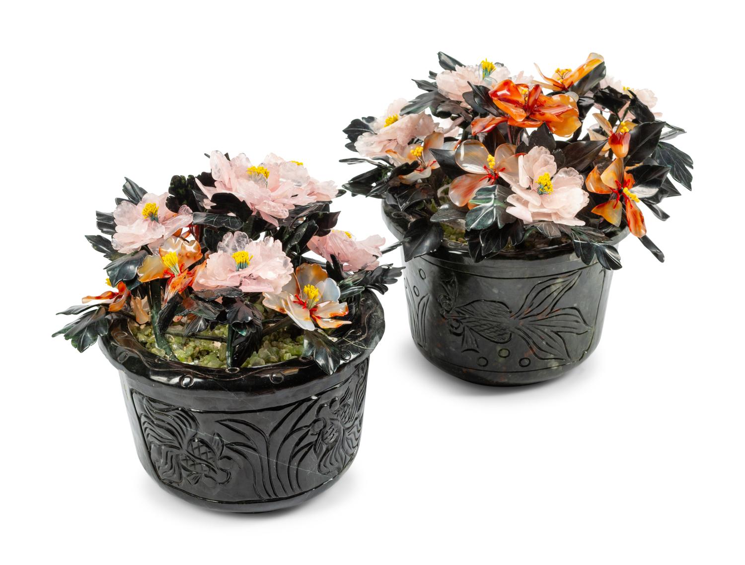 A Pair of Chinese Export Hardstone Models of Trees in Carved Hardstone Jardinières