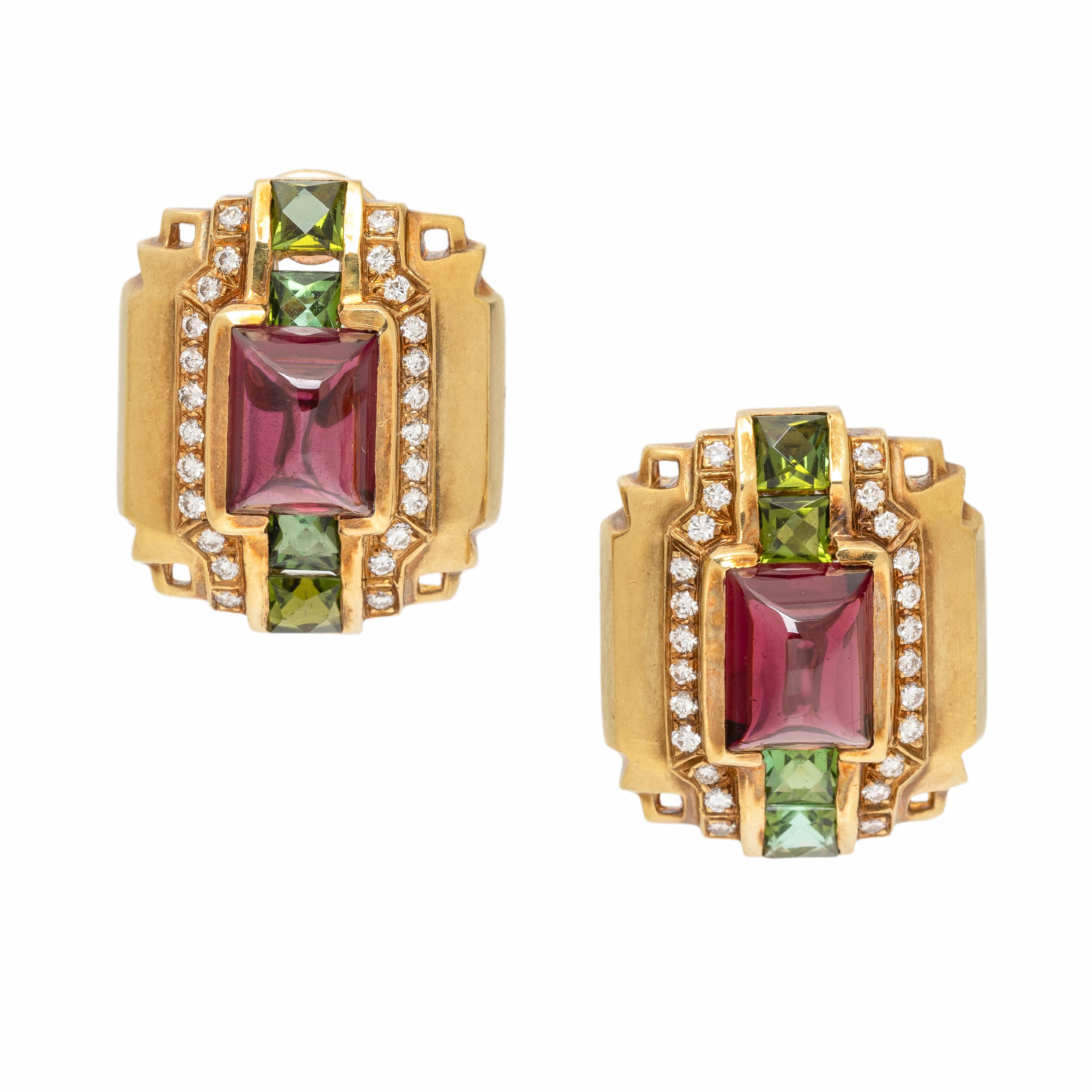 Tourmaline, Garnet, and Diamond Earrings