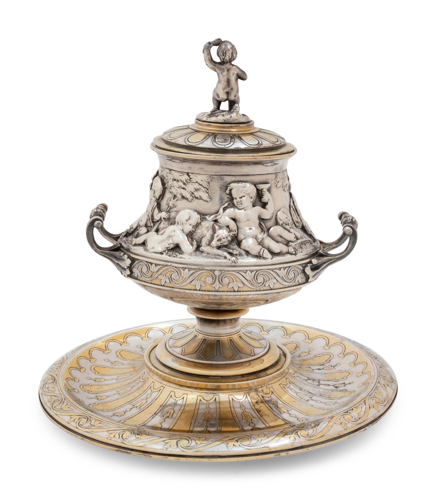 A Christofle Silver-Plate and Parcel Gilt Covered Jar and Underplate