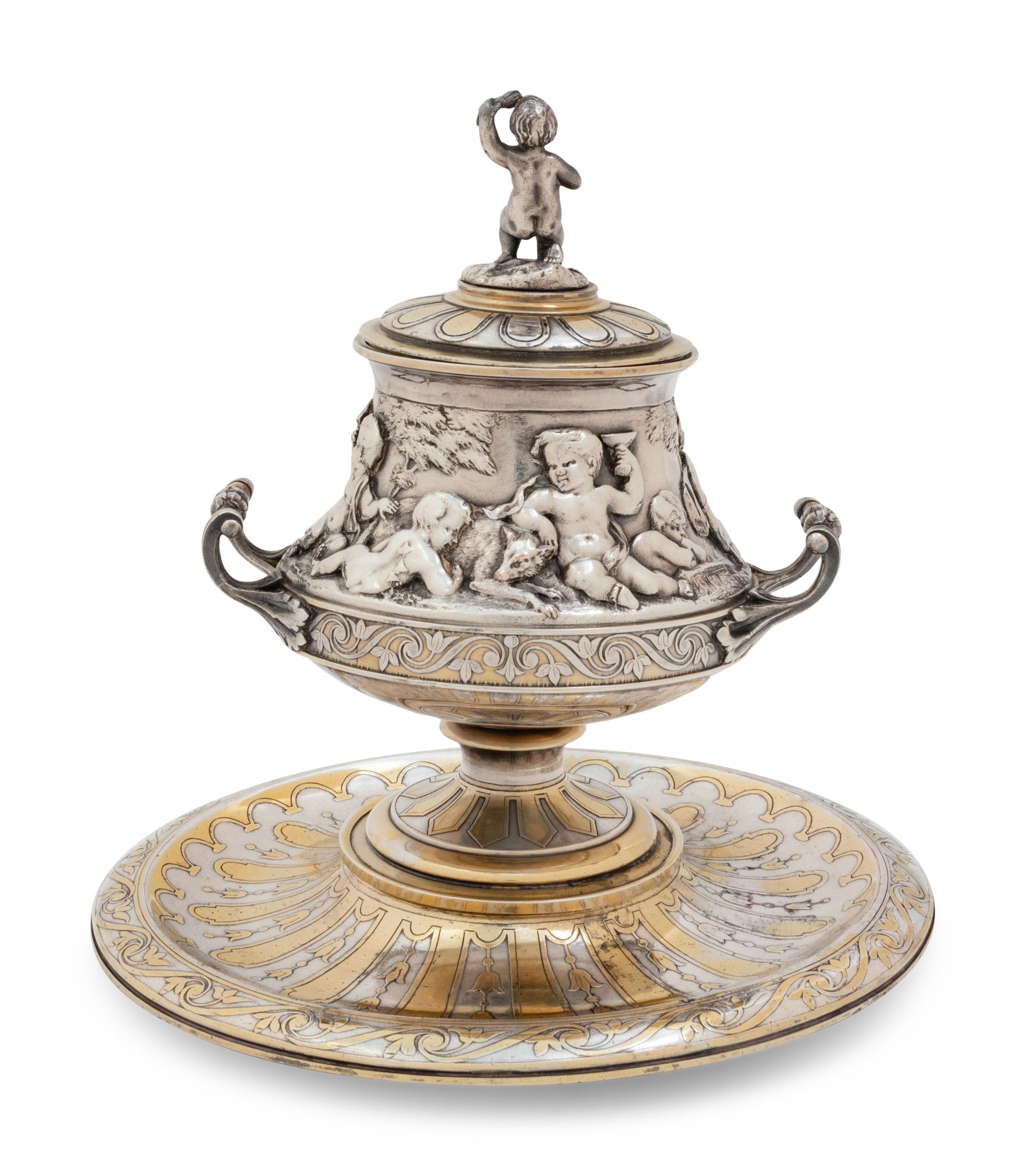 A Christofle Silver-Plate and Parcel Gilt Covered Jar and Underplate