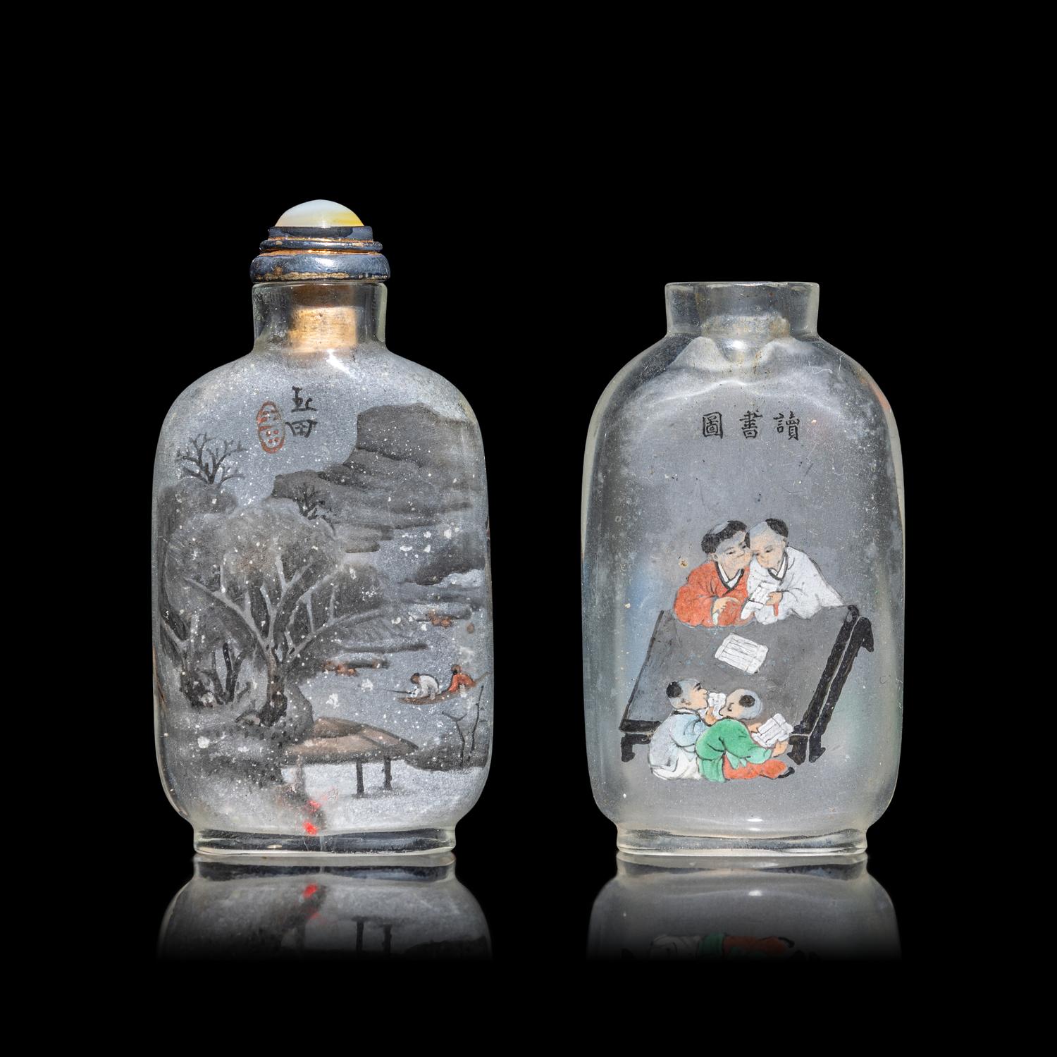 Two Chinese Inside Painted Glass Snuff Bottles 馬少宣（款）、阎玉田玻璃内畫鼻烟壺兩支
