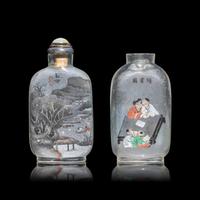 Two Chinese Inside Painted Glass Snuff Bottles 馬少宣（款）、阎玉田玻璃内畫鼻烟壺兩支