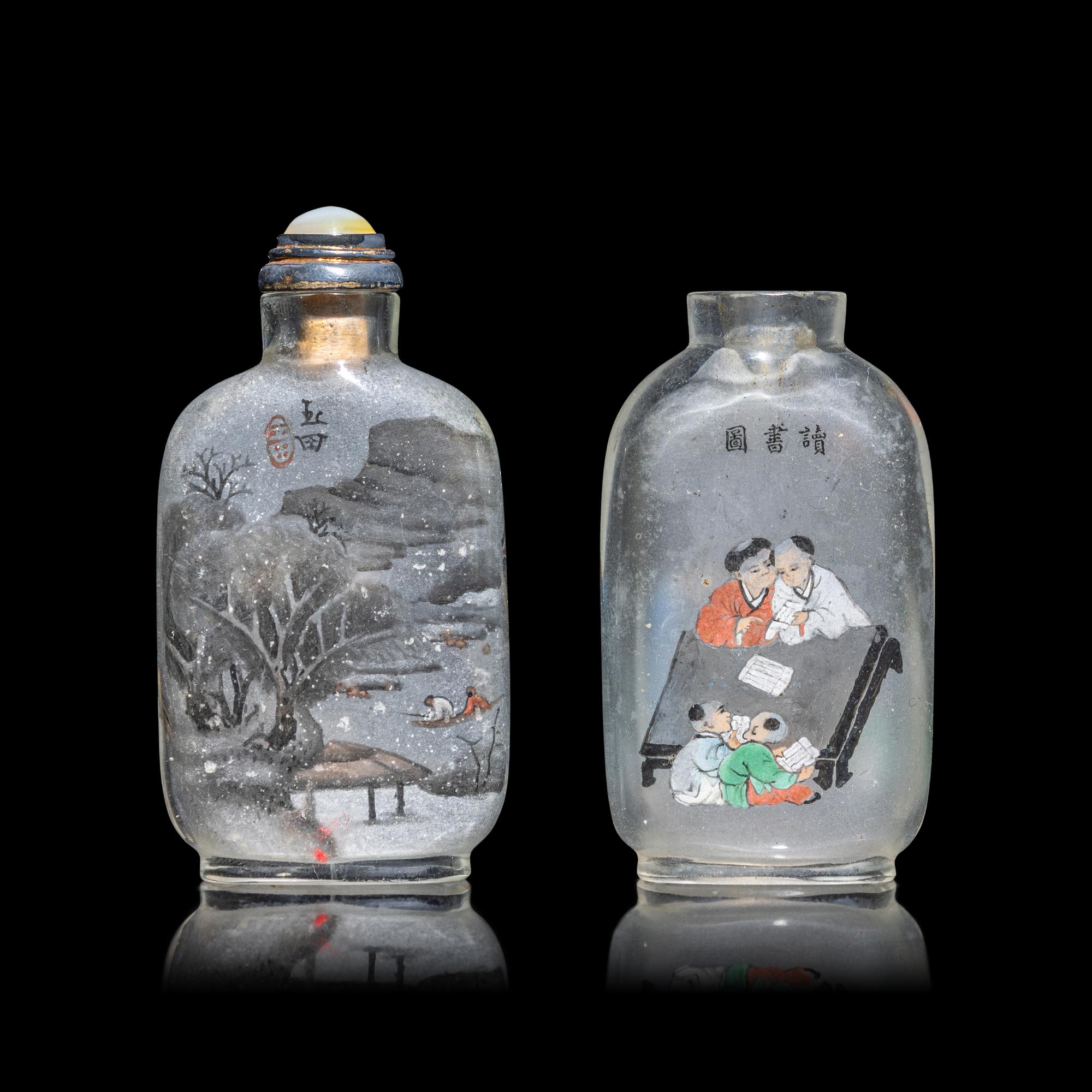 Two Chinese Inside Painted Glass Snuff Bottles 馬少宣（款）、阎玉田玻璃内畫鼻烟壺兩支