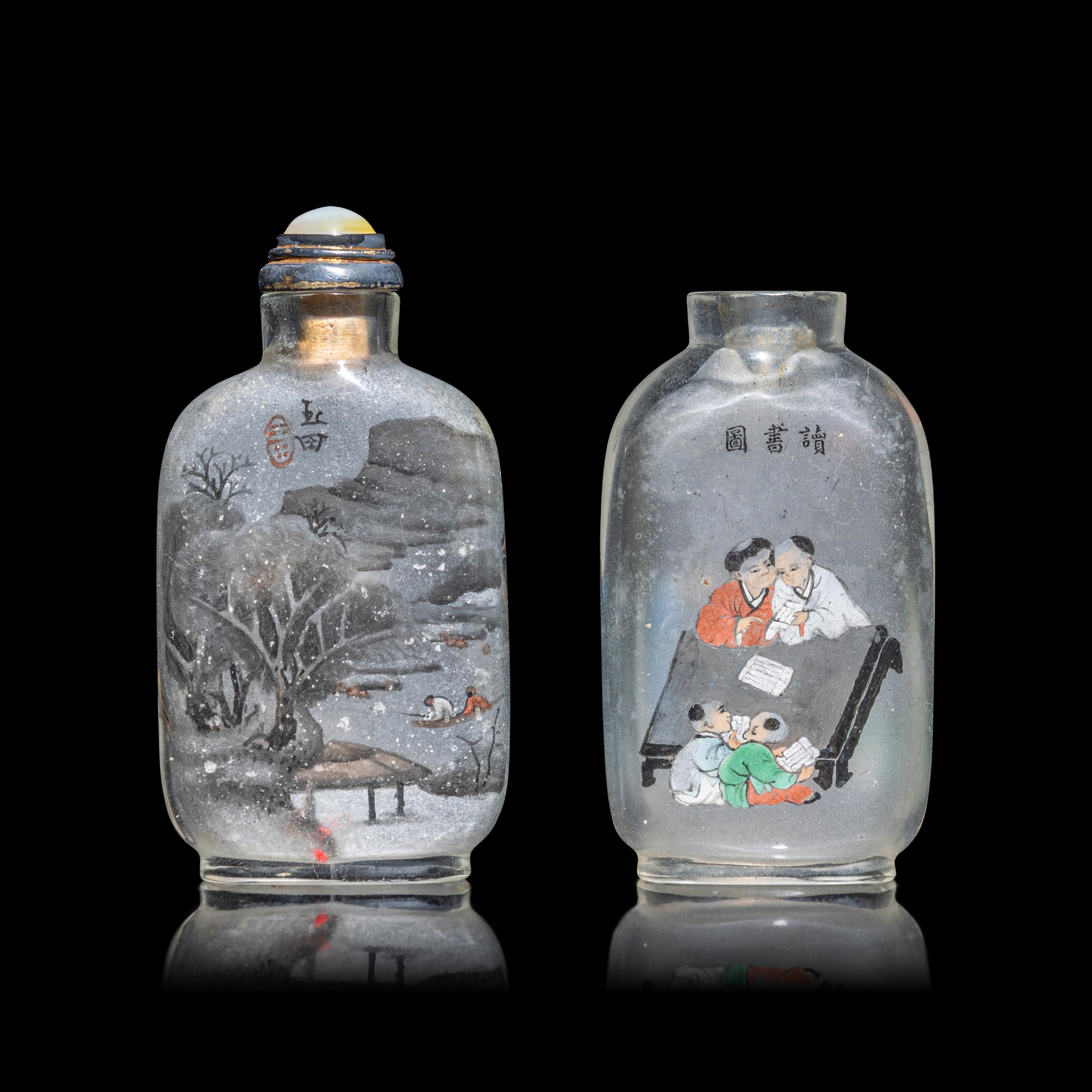 Two Chinese Inside Painted Glass Snuff Bottles 馬少宣（款）、阎玉田玻璃内畫鼻烟壺兩支