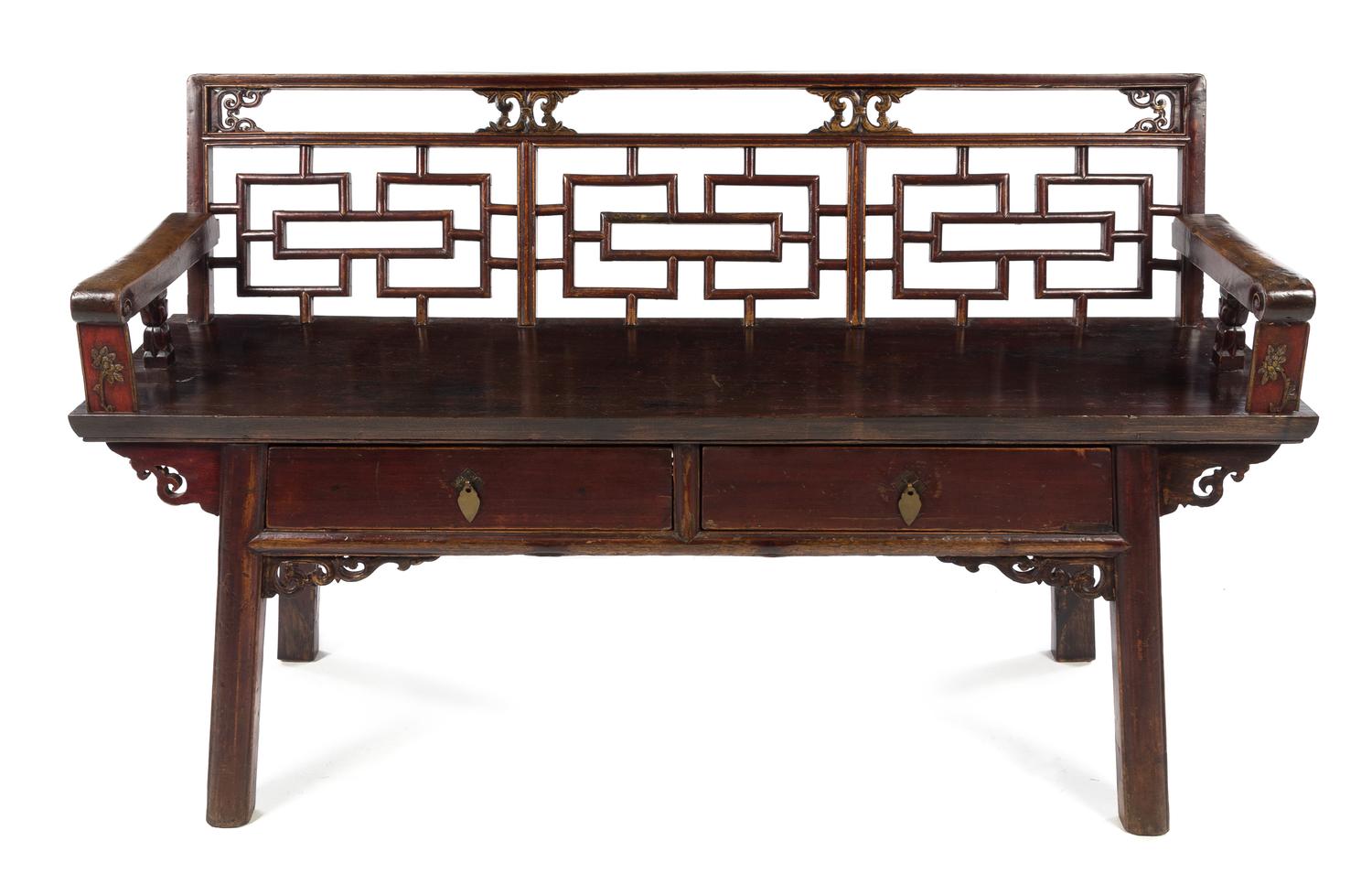 A Chinese Elmwood Bench Height 33 x width 56 1/2 x depth 16 inches. — LATE 19TH CENTURY