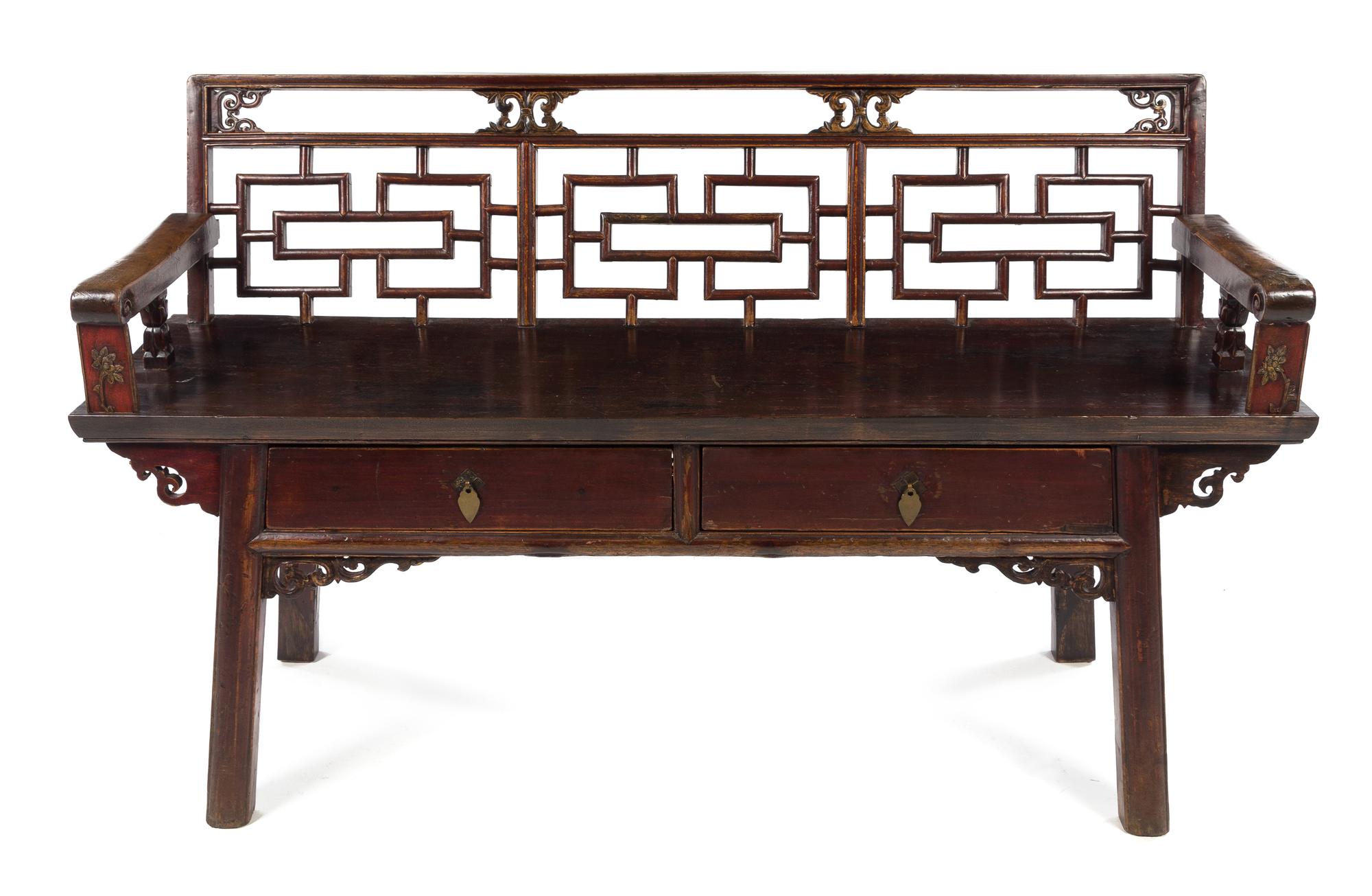 A Chinese Elmwood Bench Height 33 x width 56 1/2 x depth 16 inches. — LATE 19TH CENTURY