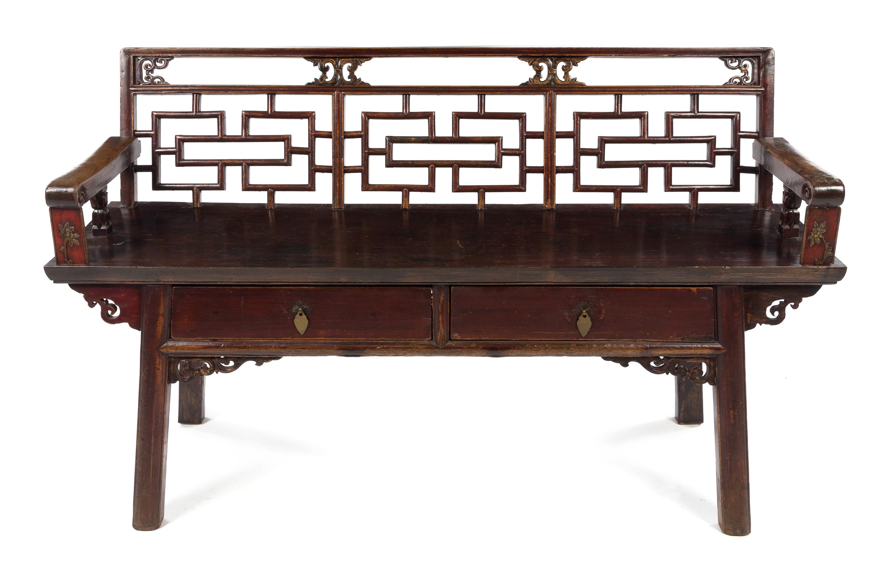 A Chinese Elmwood Bench Height 33 x width 56 1/2 x depth 16 inches. — LATE 19TH CENTURY