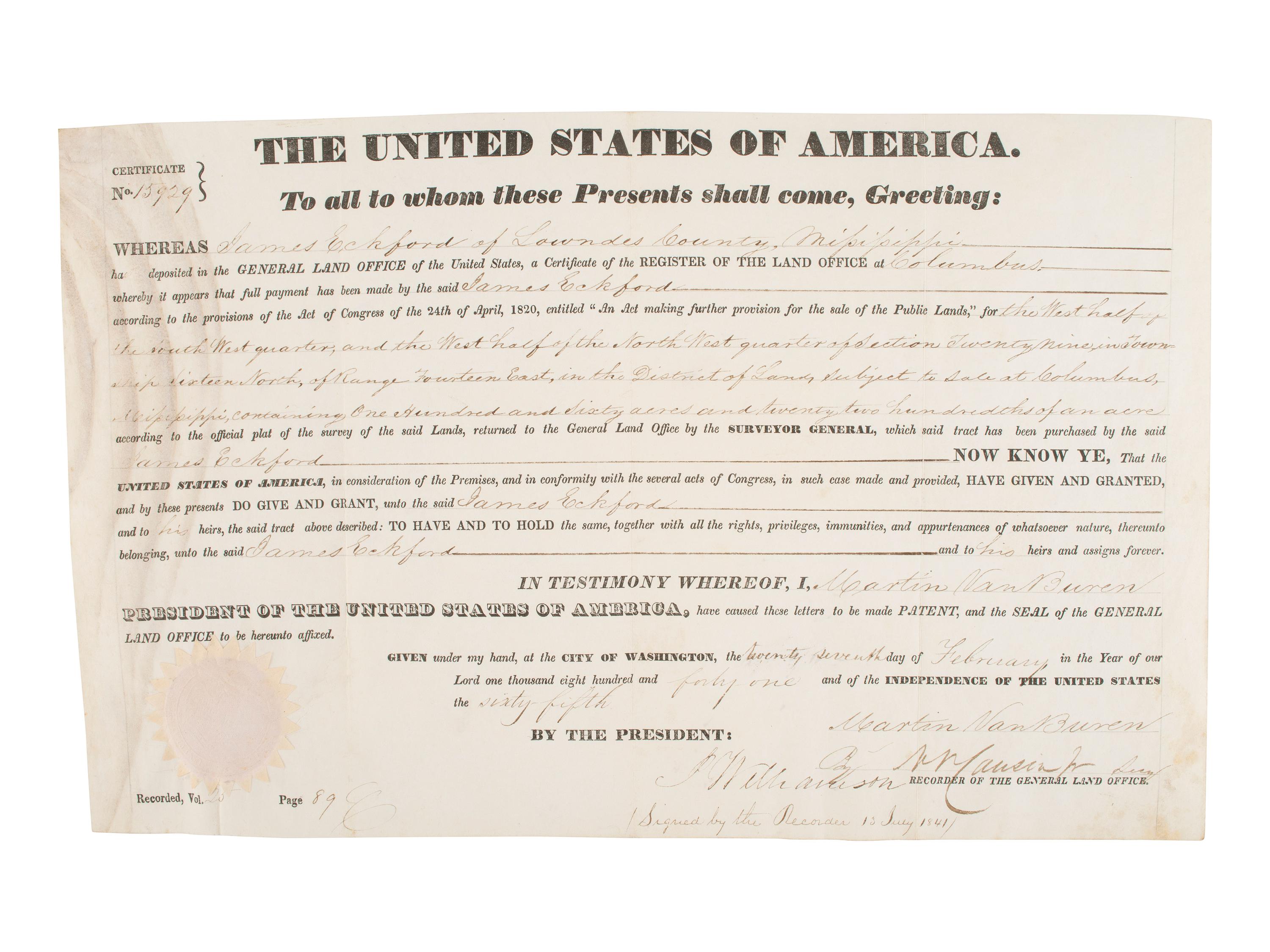 VAN BUREN, Martin (1782-1862). Secretarially signed land grant. Washington, D.C., 27 February 1841.